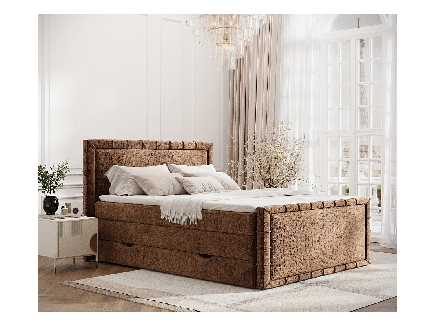 Lit boxspring en tissu chenille Estelle - matelas - surmatelas - 160x200 cm - couleur cuivre