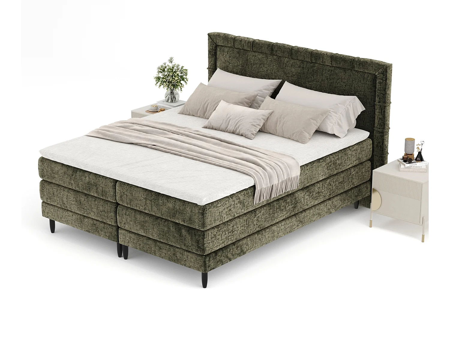 Boxspringbett aus Chenille-Stoff Rimini - materac - topper - 160x200 cm - olivenfarbe