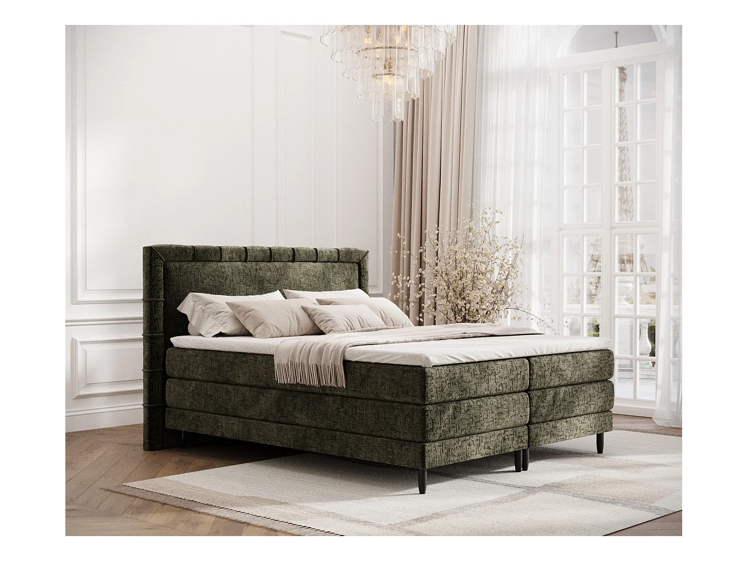 Lit boxspring en tissu chenille Rimini - matelas - surmatelas - 160x200 cm - vert olive