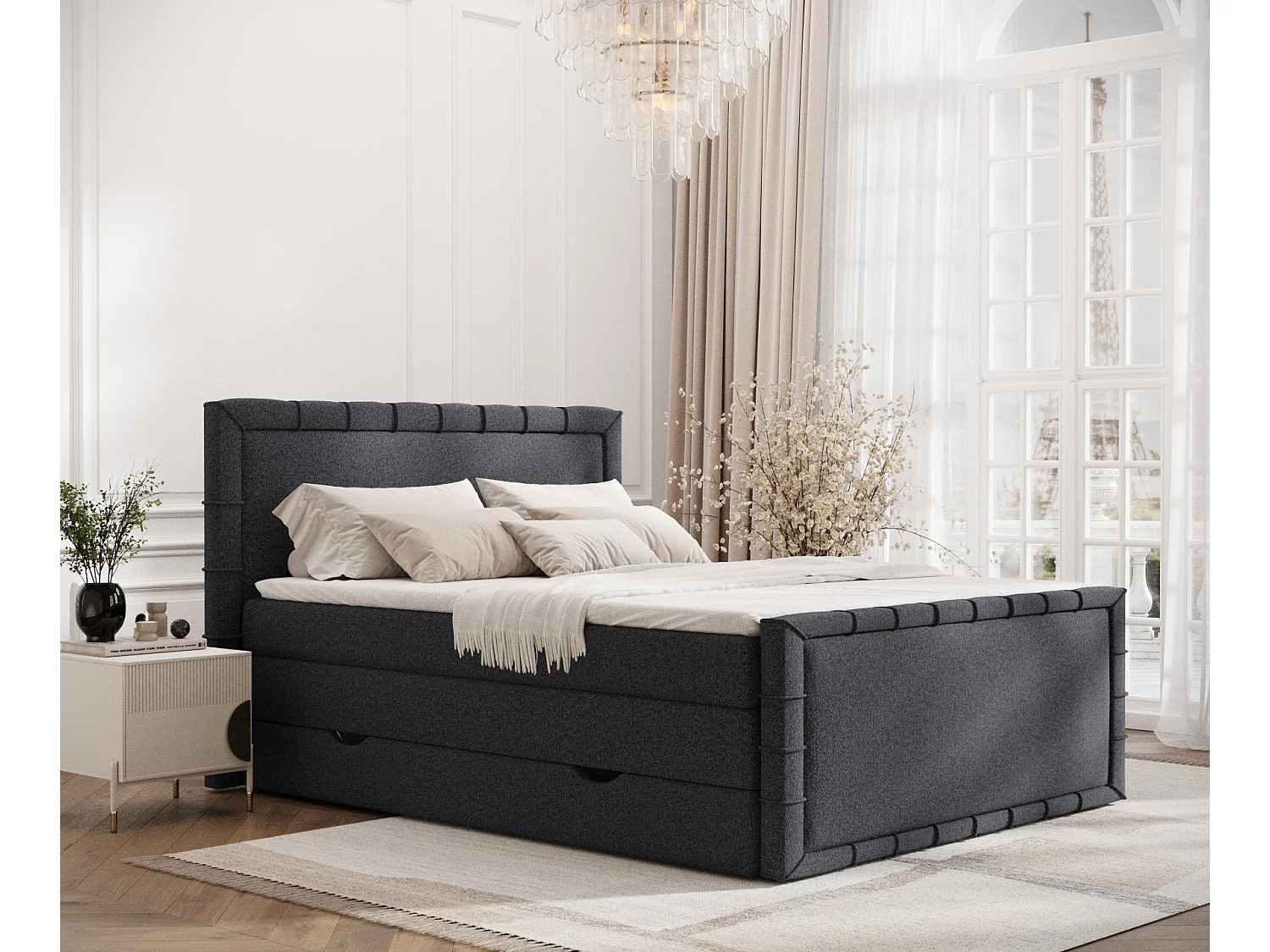 Boxspringbett im Webstoff Estelle - Matratze - Topper - 180x200 cm - schwarz