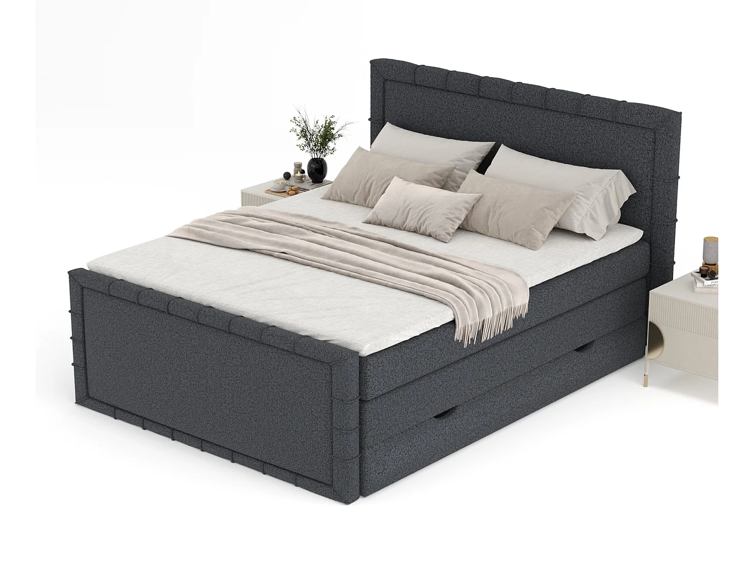 Lit boxspring en toile tissée Estelle - matelas - surmatelas - 180x200 cm - noir