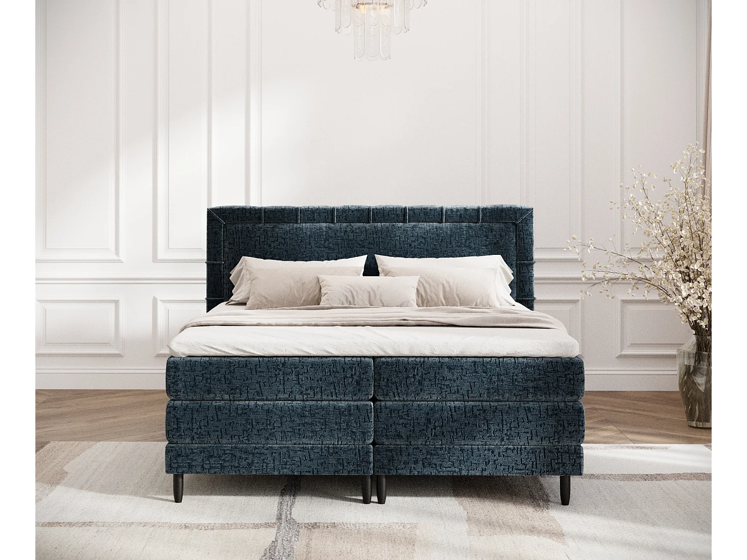 Boxspringbett aus Chenille-Stoff Rimini - materac - topper - 160x200 cm - blau