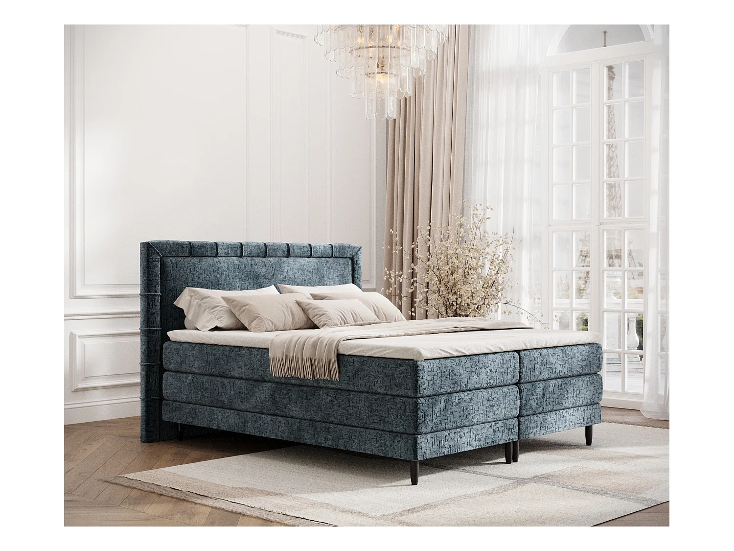 Lit boxspring en tissu chenille Rimini - matelas - surmatelas - 160x200 cm - bleu