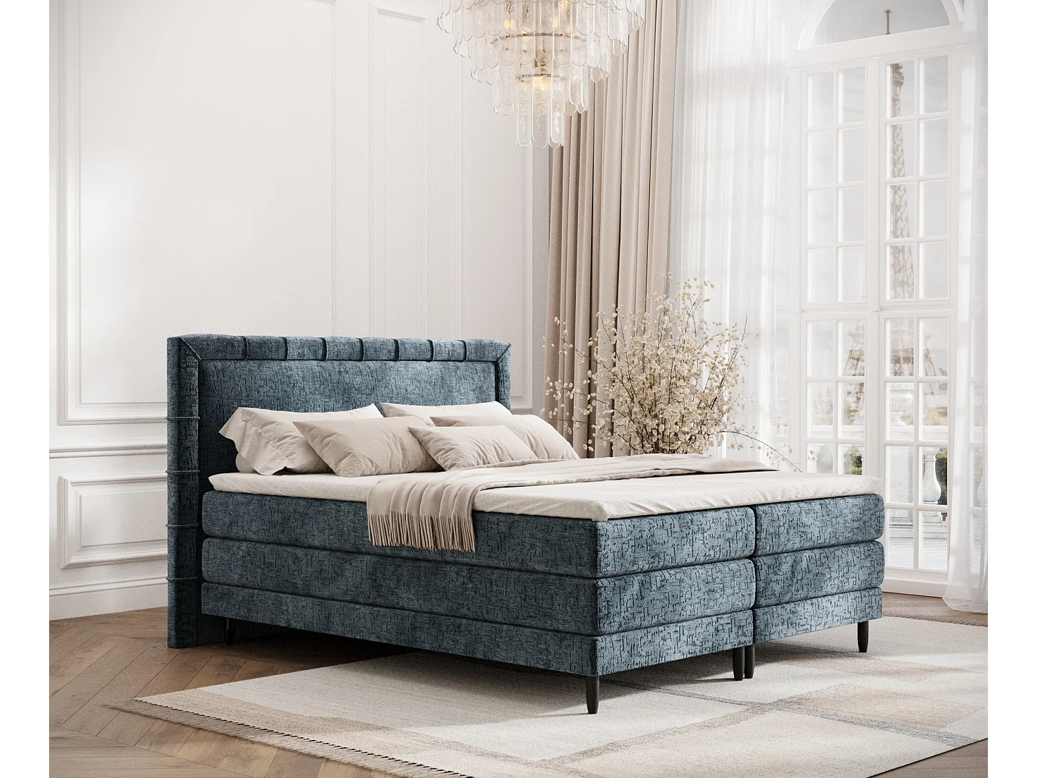 Boxspringbett aus Chenille-Stoff Rimini - materac - topper - 160x200 cm - blau