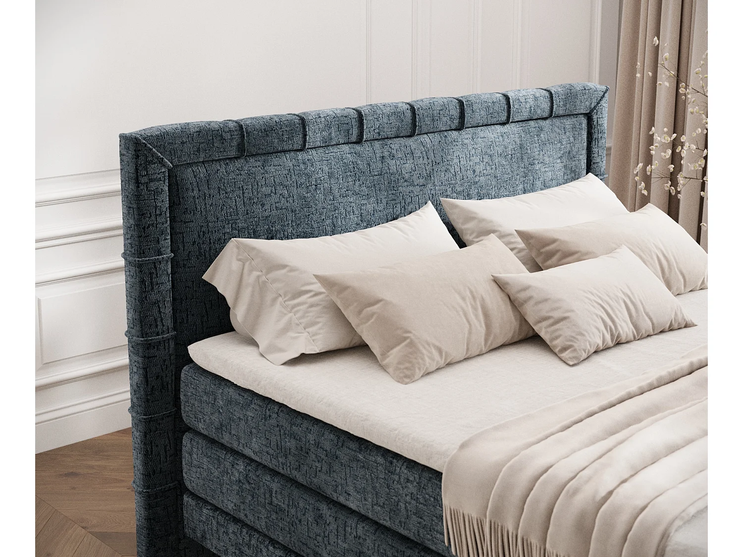 Boxspringbett aus Chenille-Stoff Rimini - materac - topper - 160x200 cm - blau