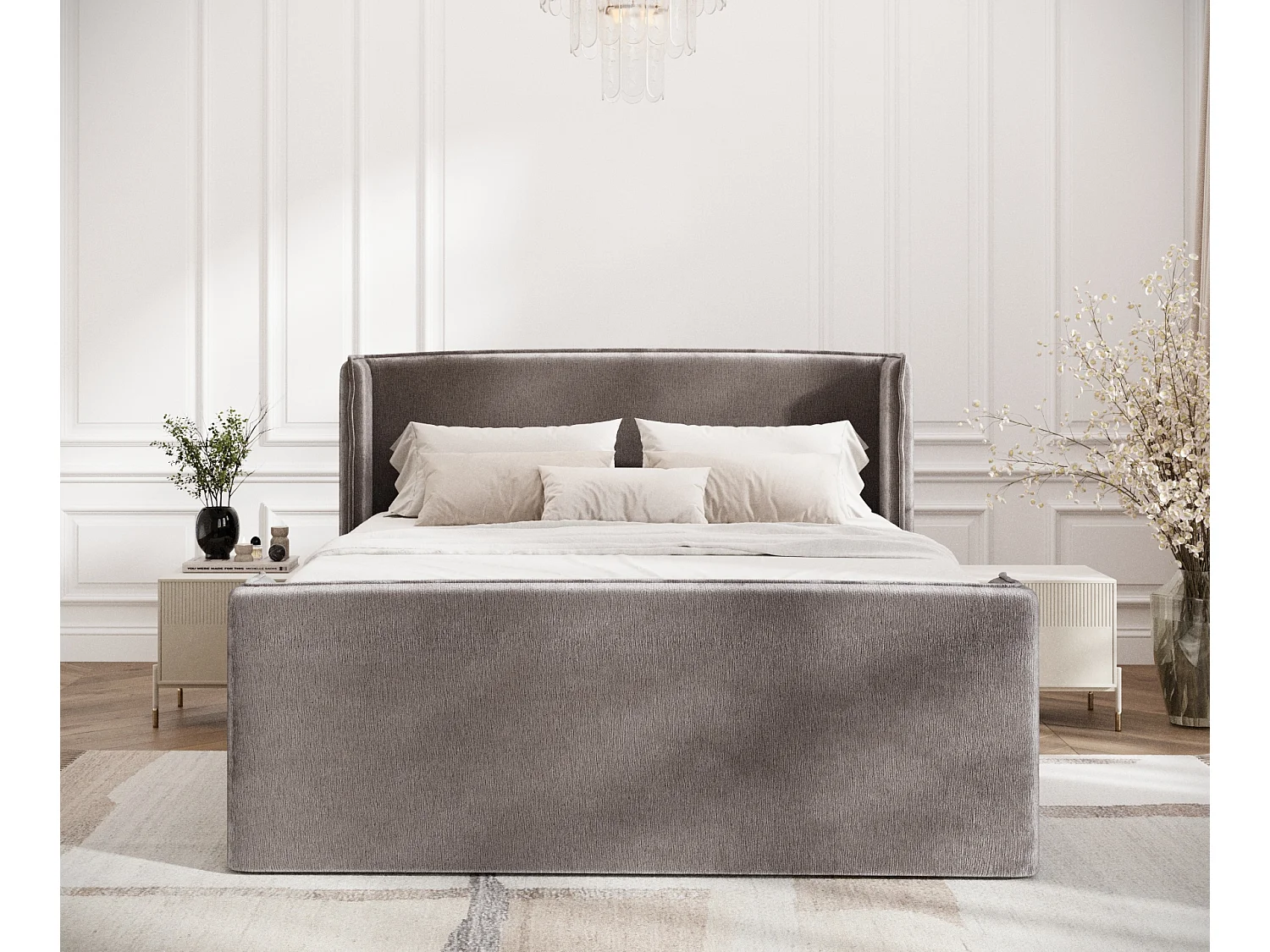 Boxspringbett aus Chenille-Stoff Freeland - Matratze - Toppermatratze - 180x200 cm - beige