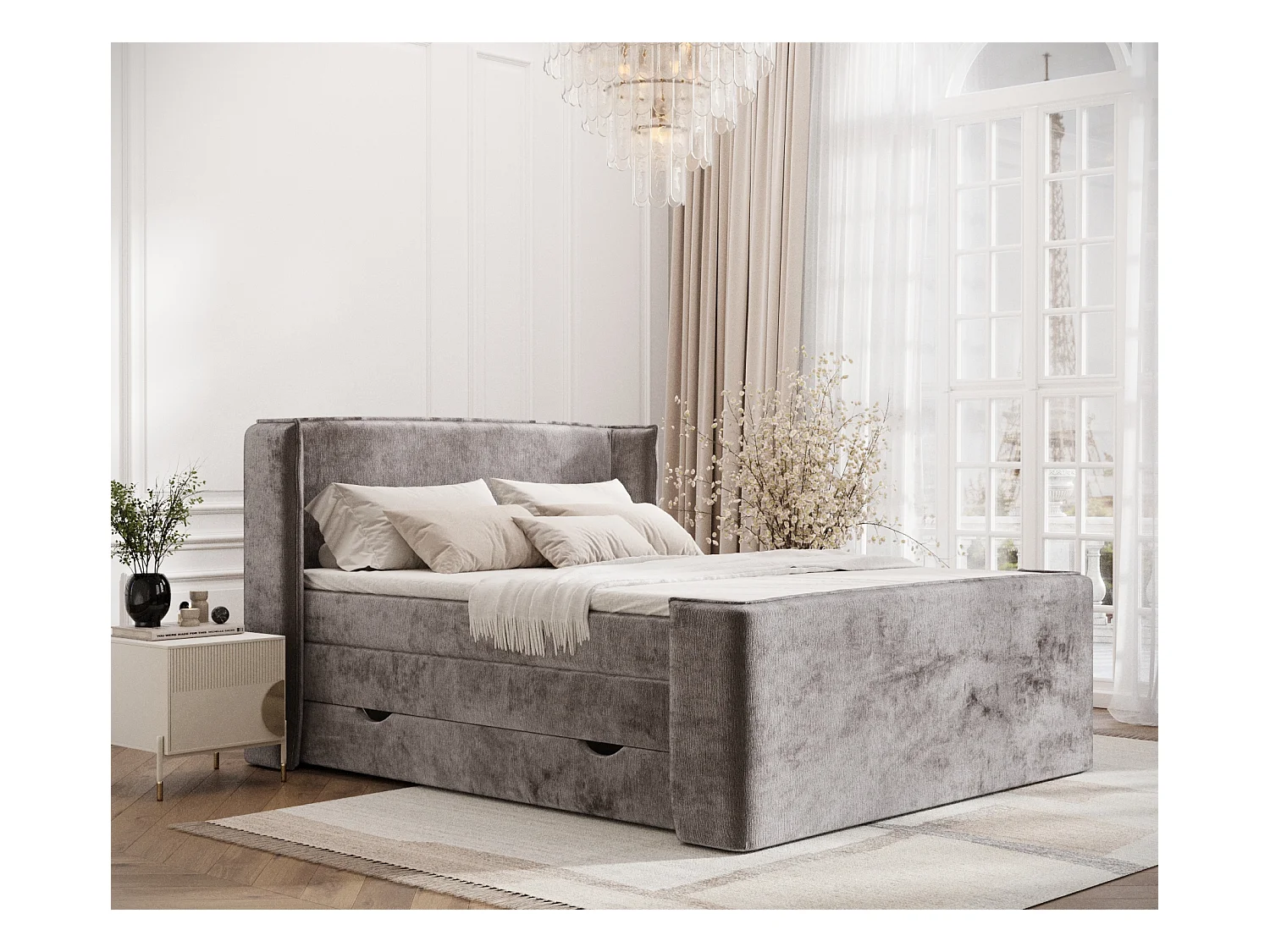 Lit boxspring en tissu chenille Freeland - matelas - surmatelas - 180x200 cm - beige