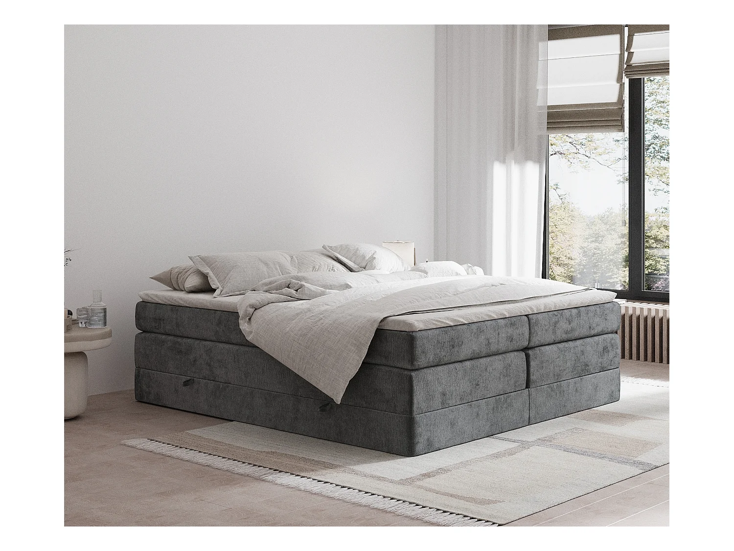 Lit boxspring en tissu chenille Juniper - matelas - surmatelas - 200x200 cm - gris foncé