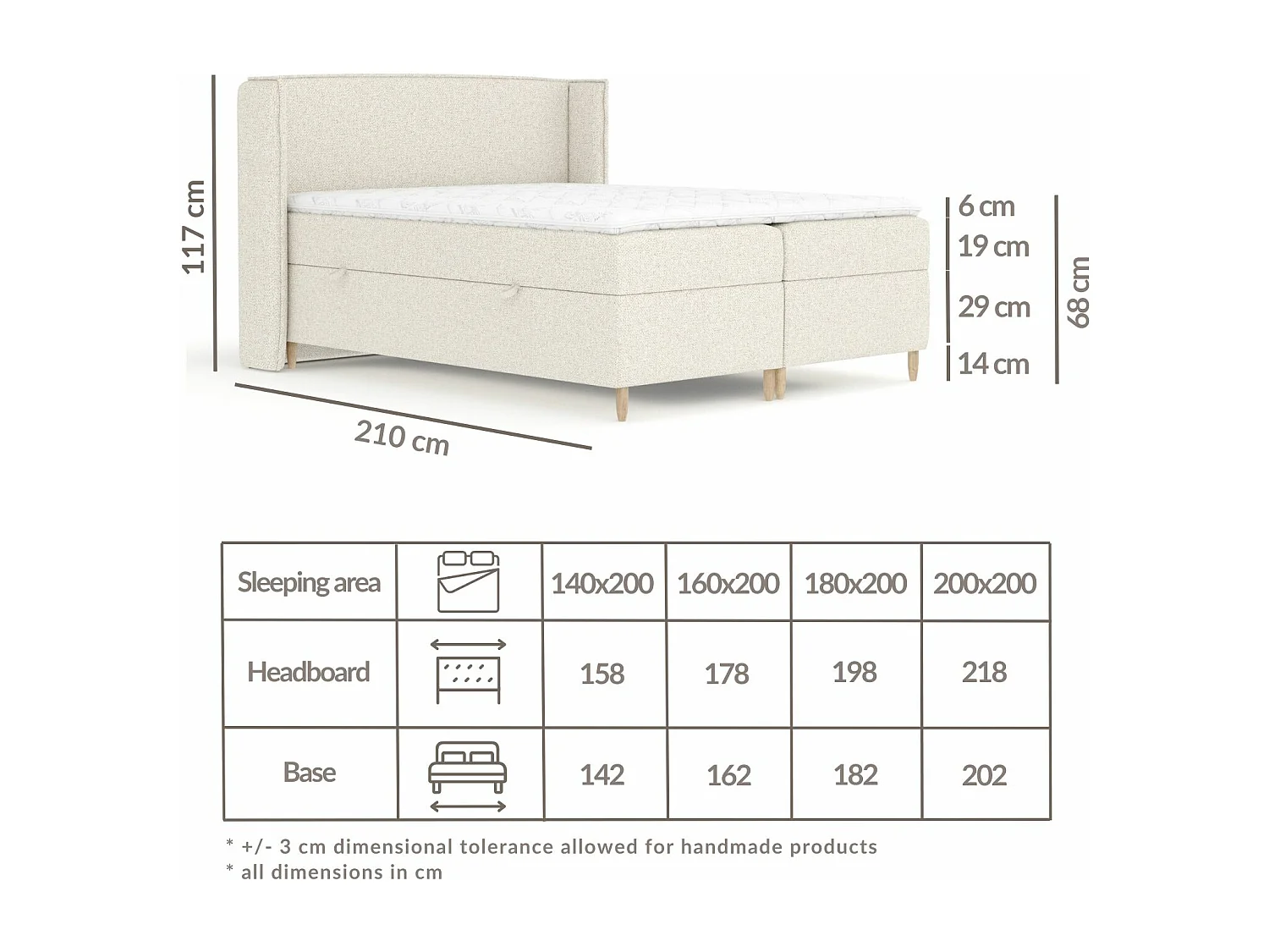 Boxspringbett aus Boucle-Stoff Segni - Matratze - Toppermatratze - 200x200 cm - grau