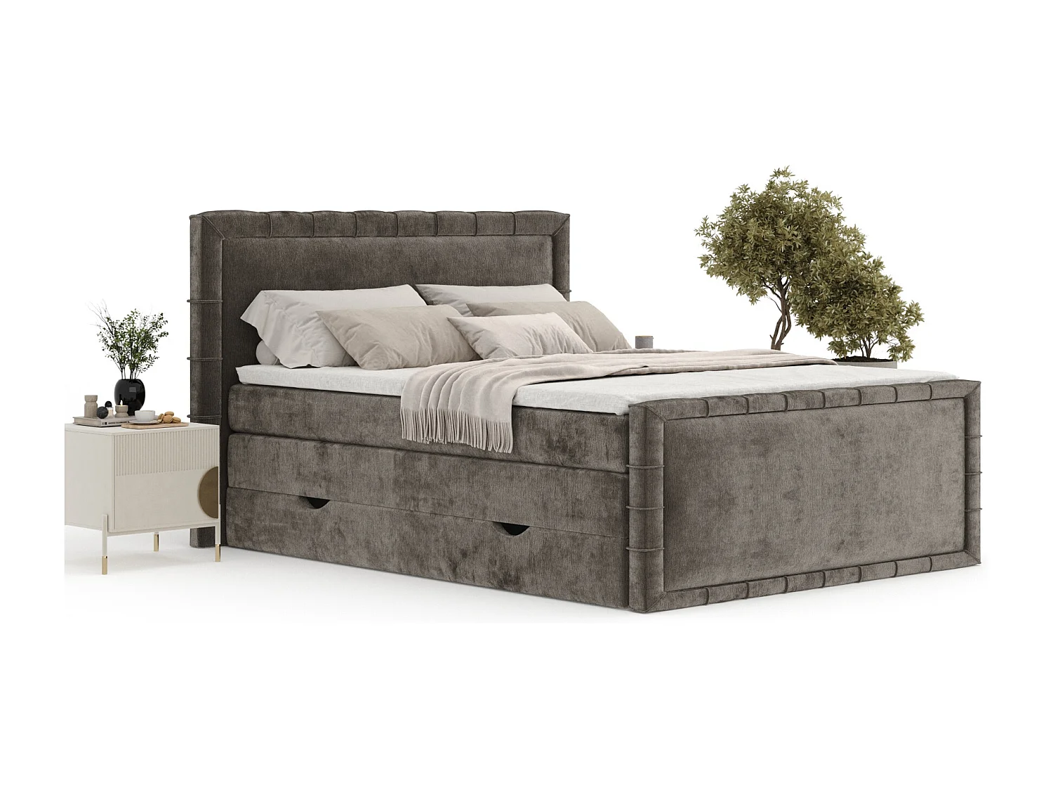 Boxspringbett im Chenille-Stoff Estelle - Matratze - Topper - 140x200 cm - braun