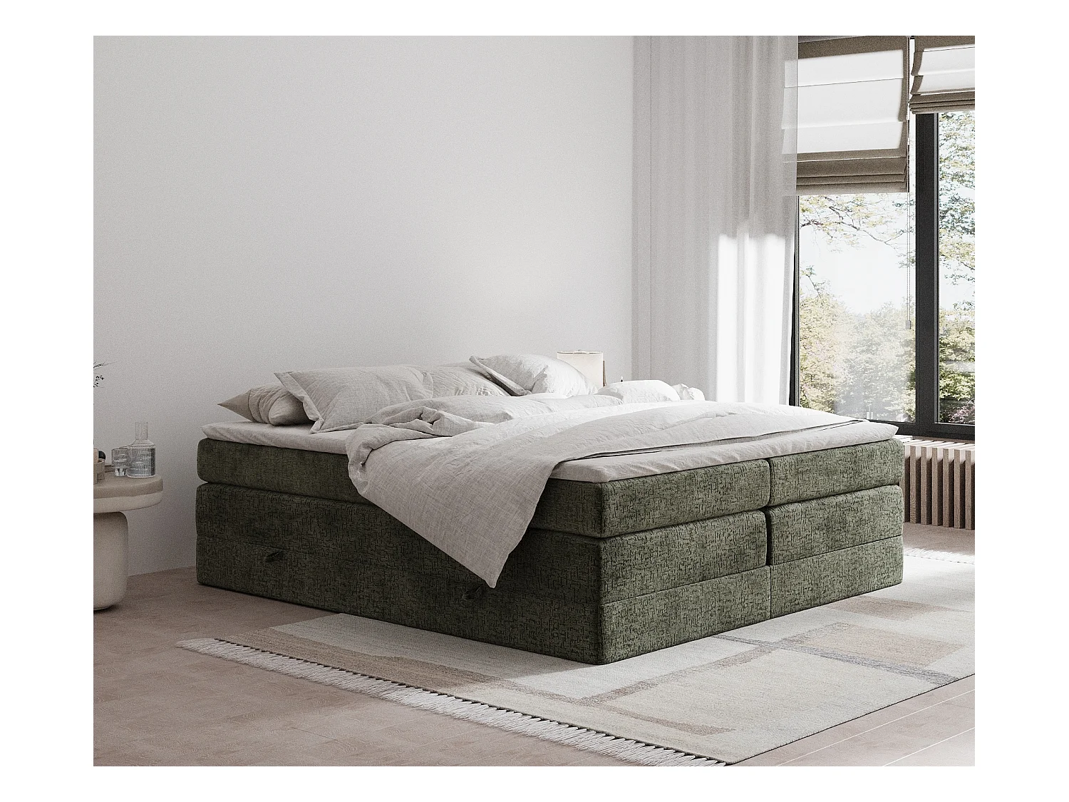 Lit boxspring en tissu chenille Juniper - matelas - surmatelas - 180x200 cm - vert olive