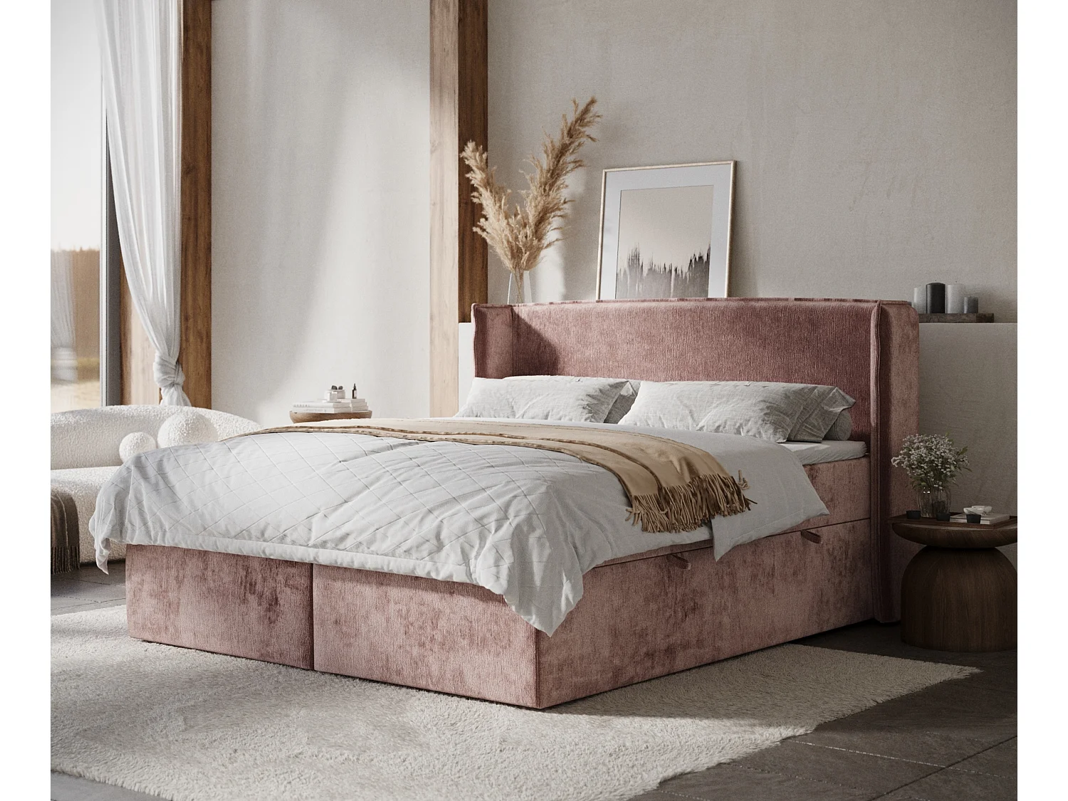 Lit boxspring en tissu chenille Skyline - matelas - surmatelas - 180x200 cm - rose