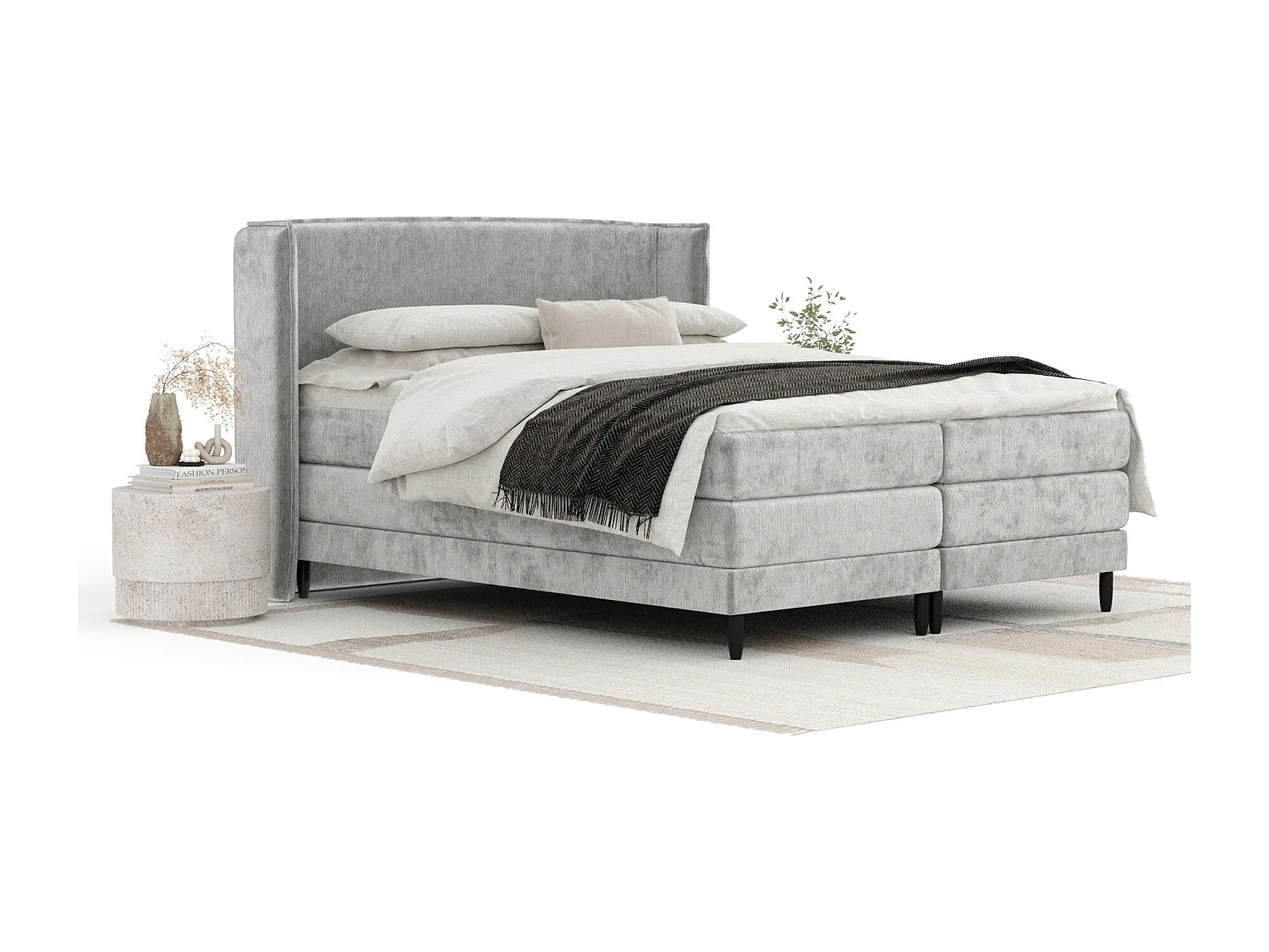 Boxspringbett aus Chenille-Stoff Carizzo - Matratze - Toppermatratze - 200x200 cm - hellgrau