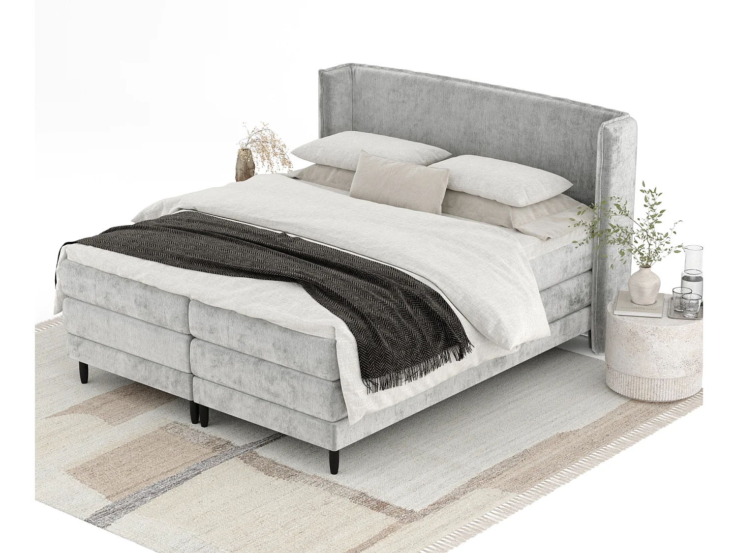Boxspringbett aus Chenille-Stoff Carizzo - Matratze - Toppermatratze - 200x200 cm - hellgrau
