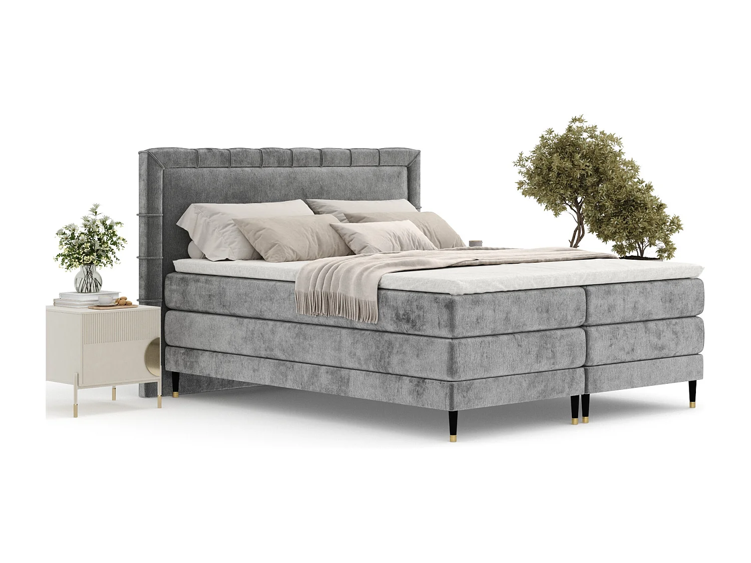 Lit boxspring en tissu chenille Rimini - matelas - surmatelas - 180x200 cm - gris