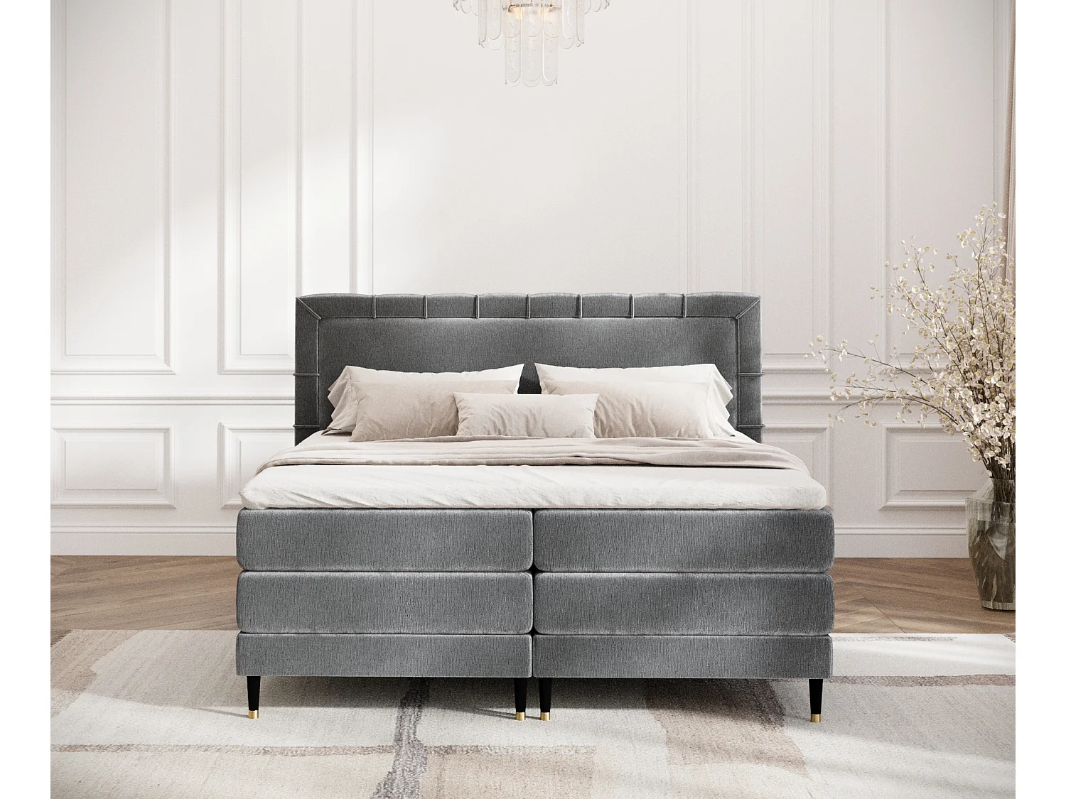 Lit boxspring en tissu chenille Rimini - matelas - surmatelas - 180x200 cm - gris