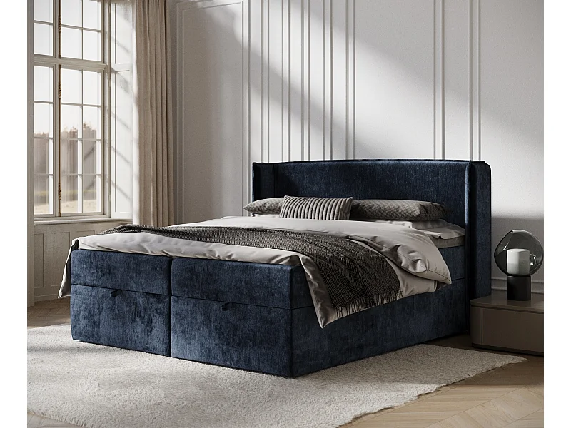 Łóżko boxspring w tkaninie szenilowej Passion - materac - topper - 180x200 cm - granatowy
