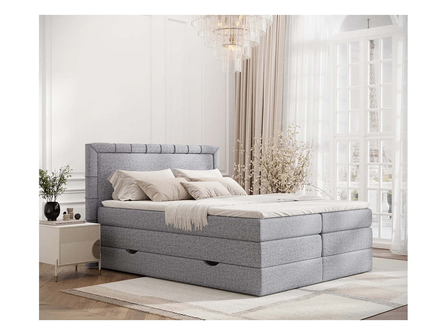 Lit boxspring en toile tissée Rosabel - matelas - surmatelas - 160x200 cm - gris