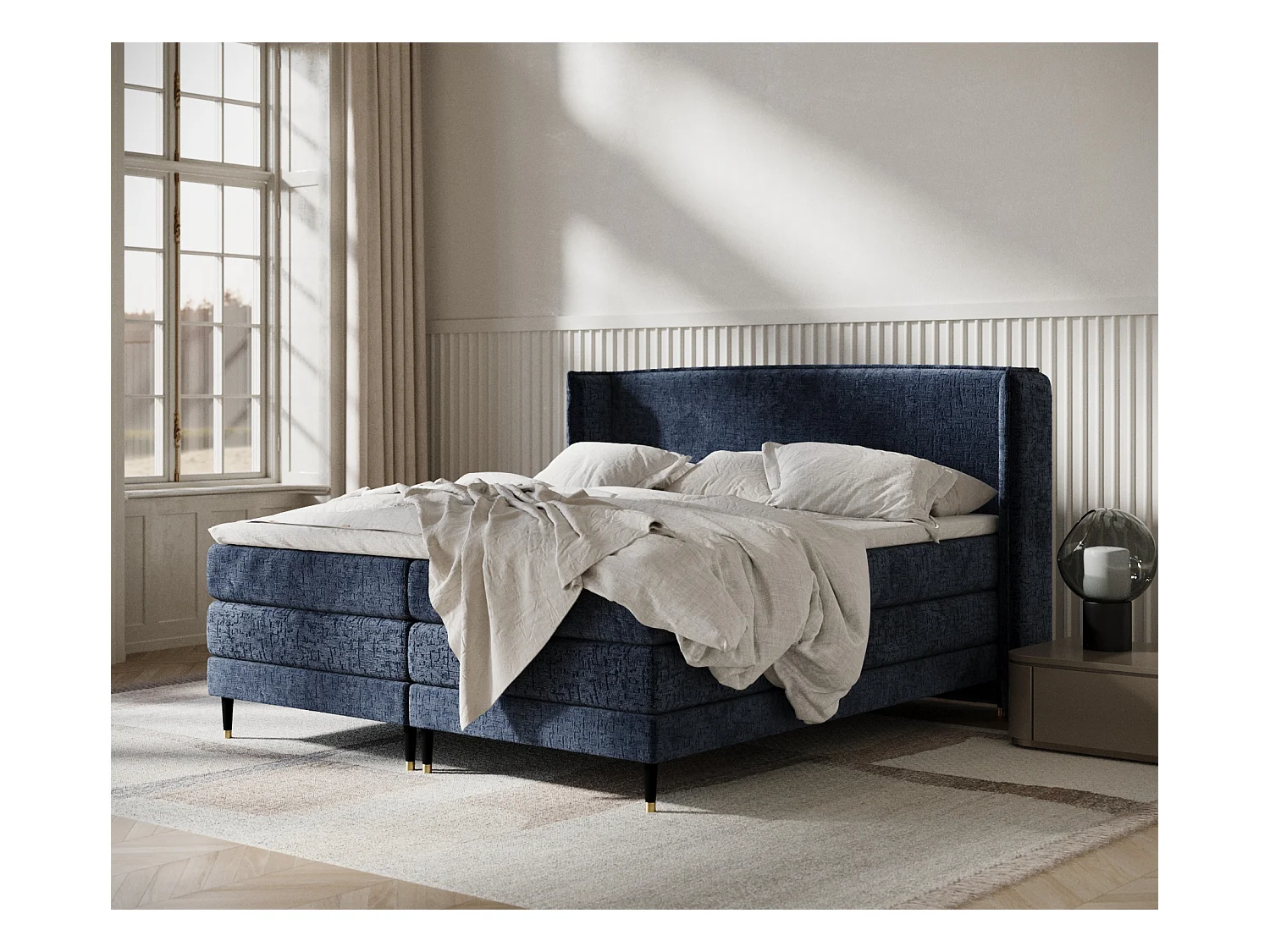 Lit boxspring en tissu chenille Carizzo - matelas - surmatelas - 160x200 cm - bleu marine