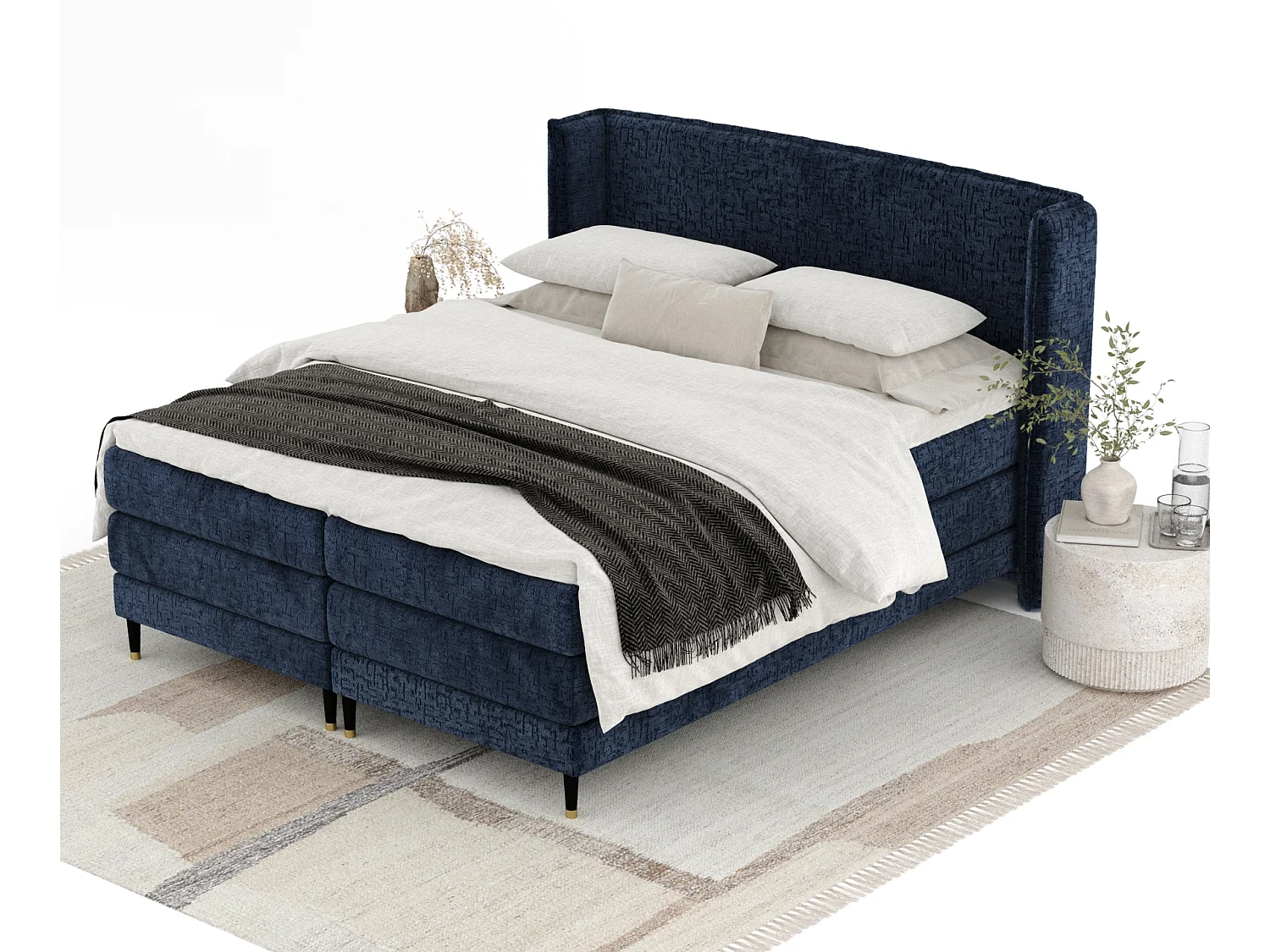 Boxspringbett aus Chenille-Stoff Carizzo - Matratze - Toppermatratze - 160x200 cm - marineblau