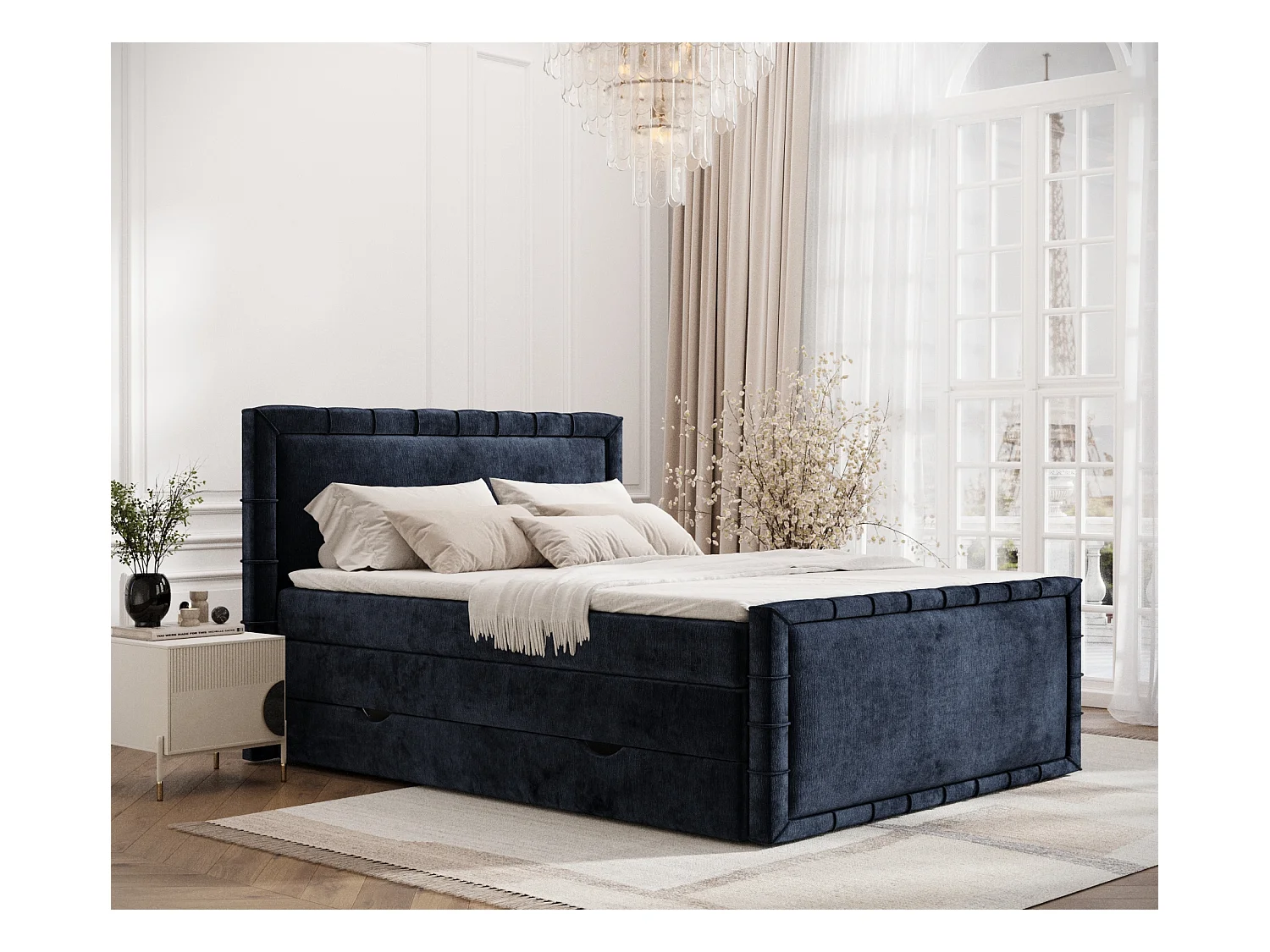 Lit boxspring en tissu chenille Estelle - matelas - surmatelas - 200x200 cm - bleu marine