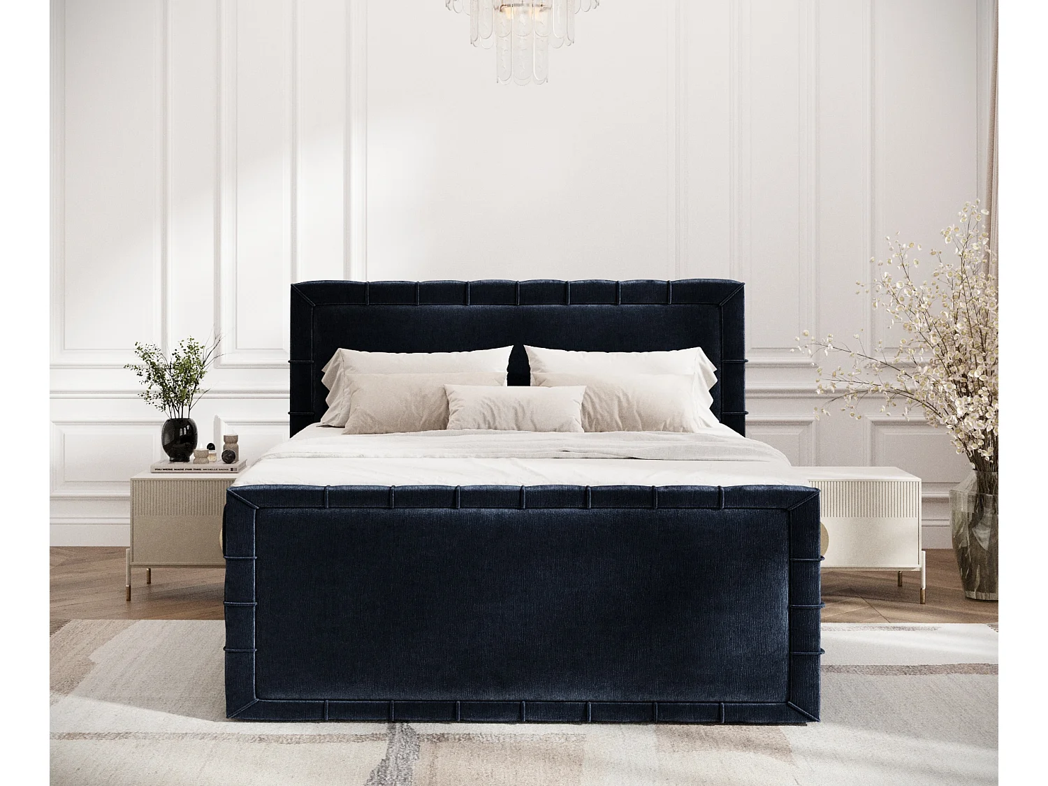 Boxspringbett im Chenille-Stoff Estelle - Matratze - Topper - 200x200 cm - marineblau