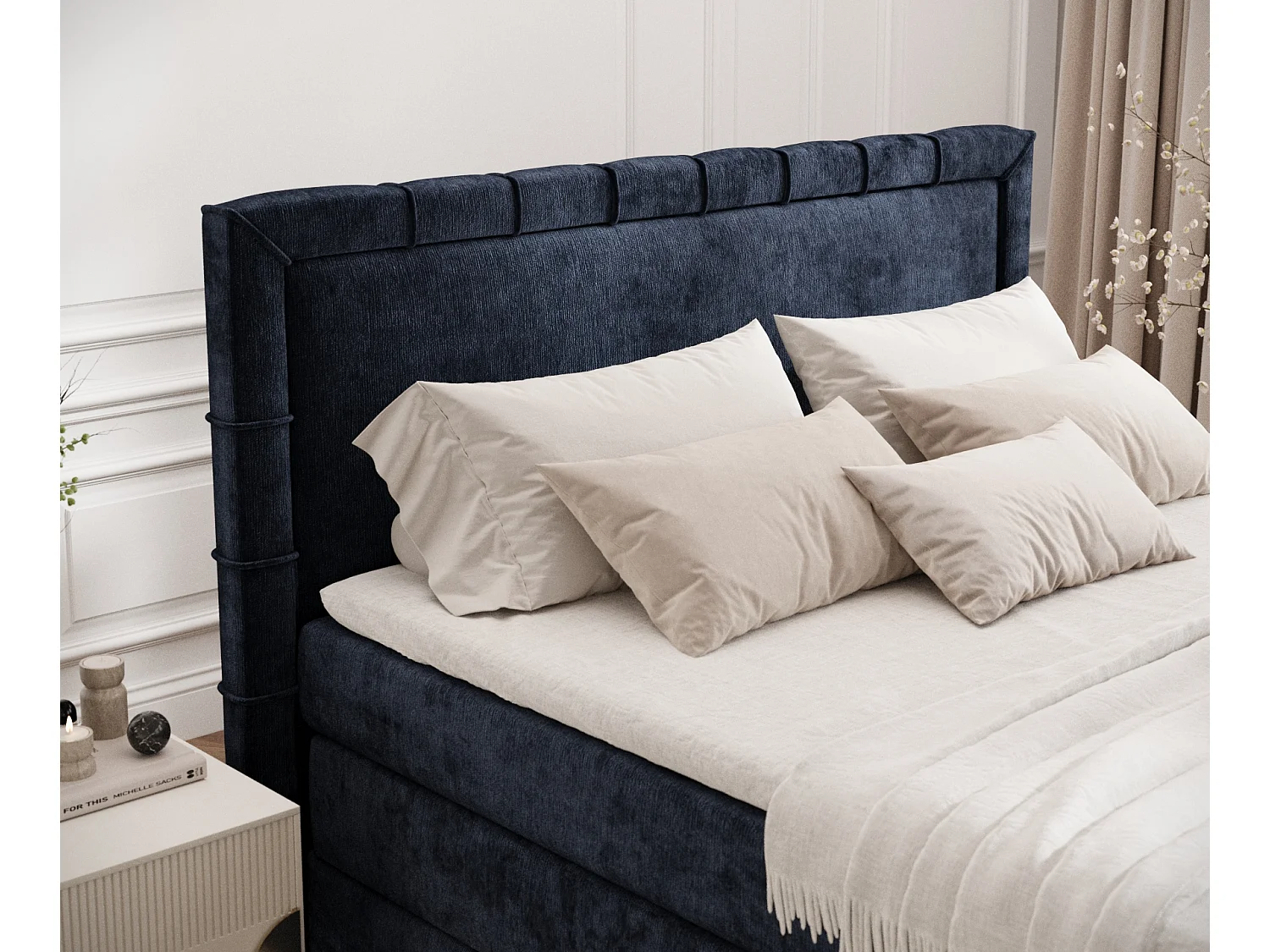 Boxspringbett im Chenille-Stoff Estelle - Matratze - Topper - 200x200 cm - marineblau