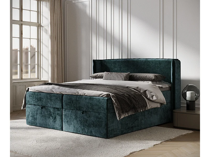 Łóżko boxspring w tkaninie szenilowej Passion - materac - topper - 140x200 cm - teal