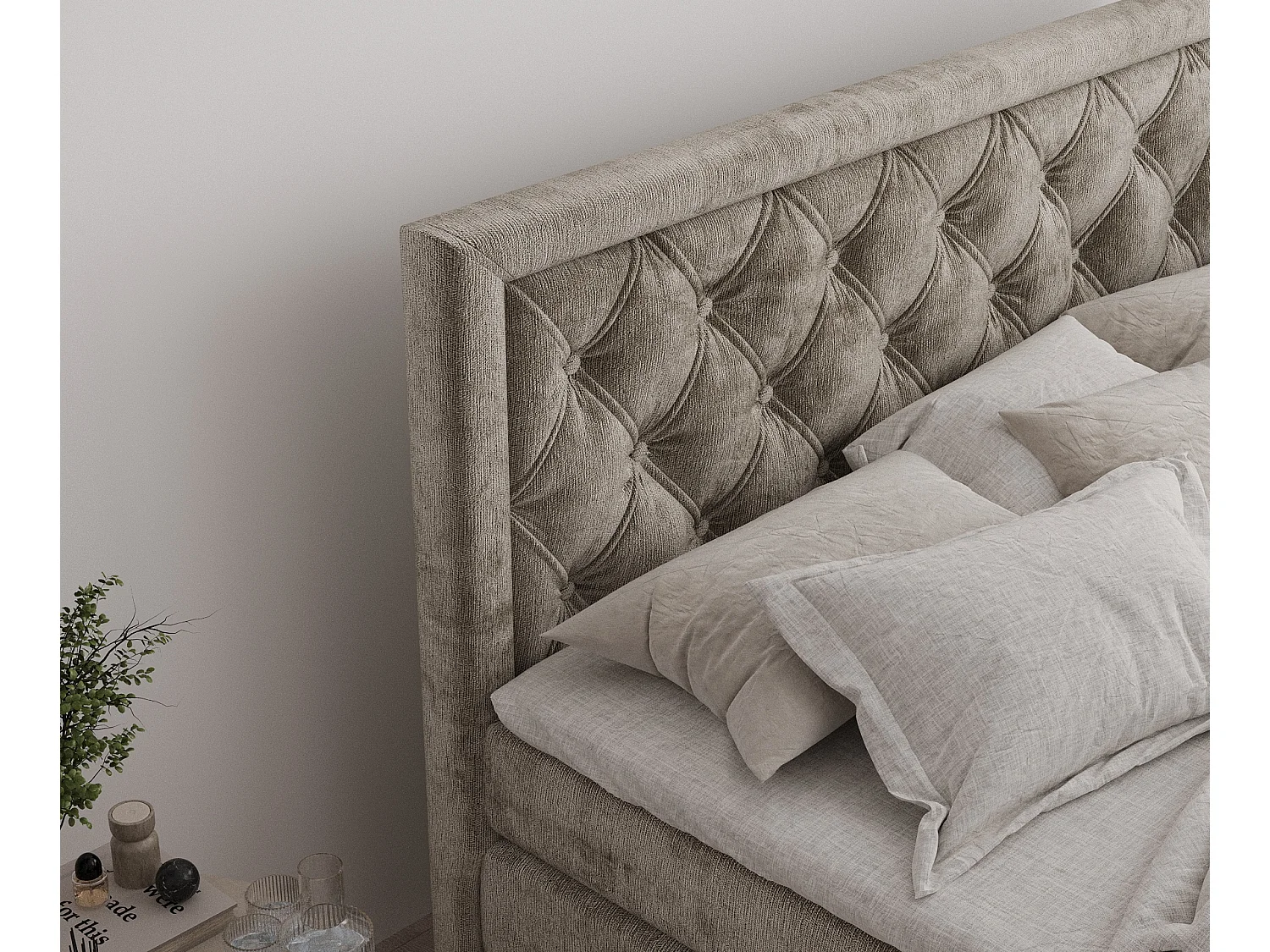 Boxspringbett aus Chenille-Stoff Aurelia - Matratze - Toppermatratze - 200x200 cm - beige