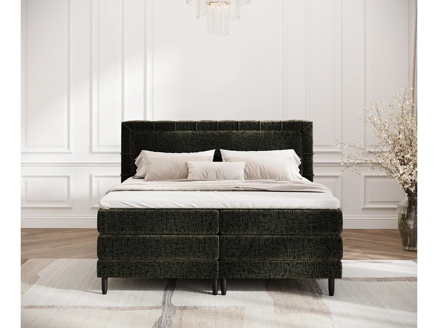 Lit boxspring en tissu chenille Rimini - matelas - surmatelas - 180x200 cm - vert olive