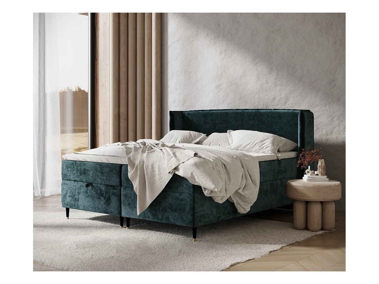 Lit boxspring en tissu chenille Monpelli - matelas - surmatelas - 180x200 cm - couleur sarcelle