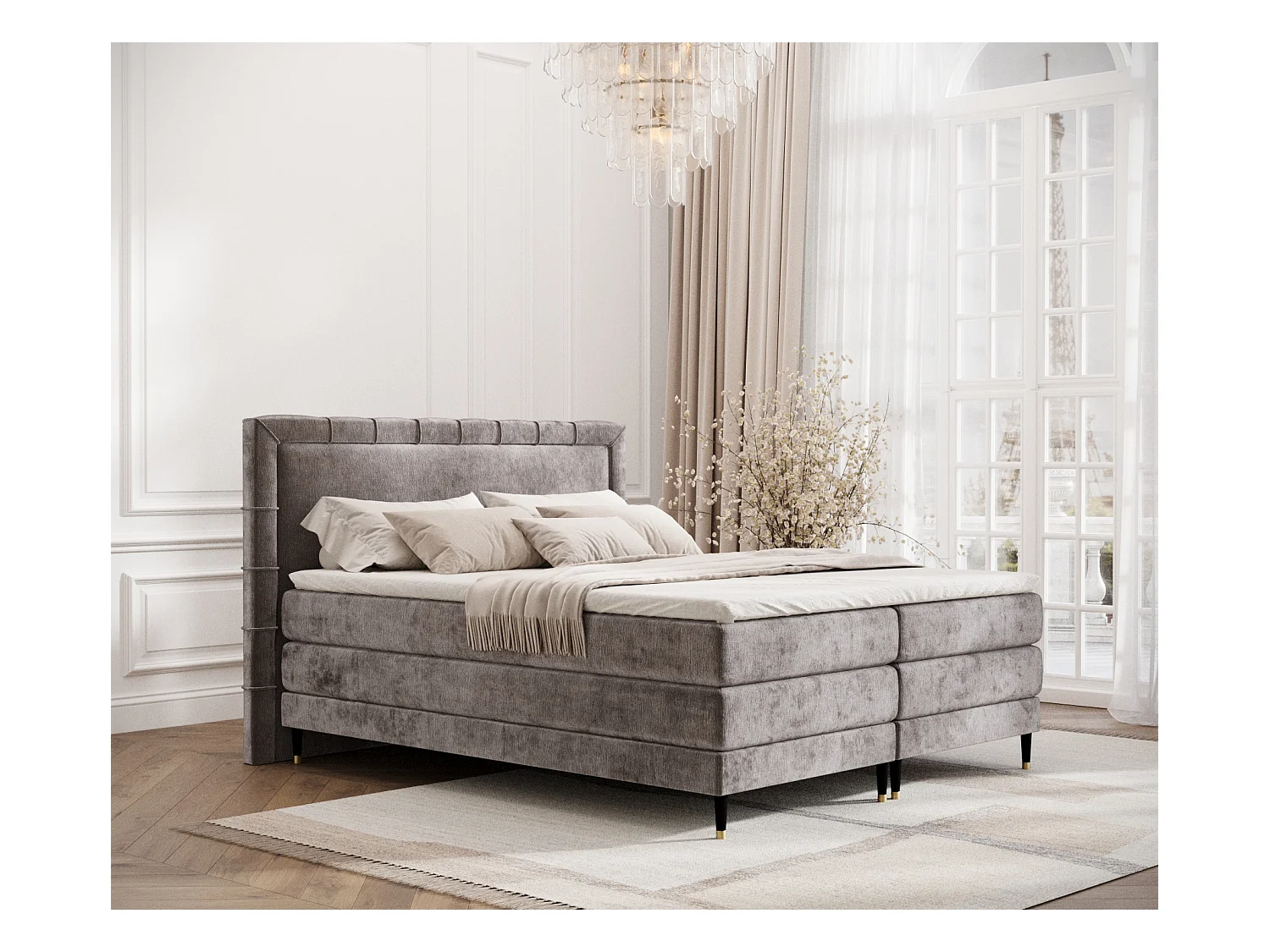 Lit boxspring en tissu chenille Rimini - matelas - surmatelas - 200x200 cm - beige