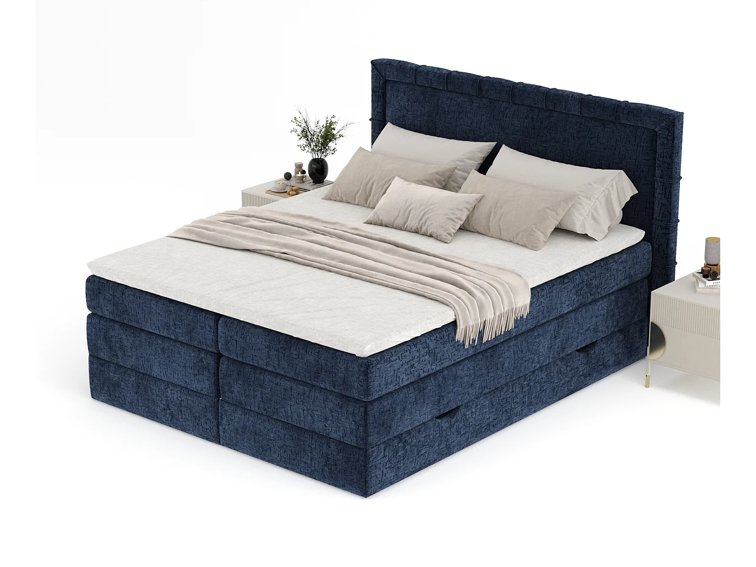 Lit boxspring en tissu chenille Rosabel - matelas - surmatelas - 180x200 cm - bleu marine