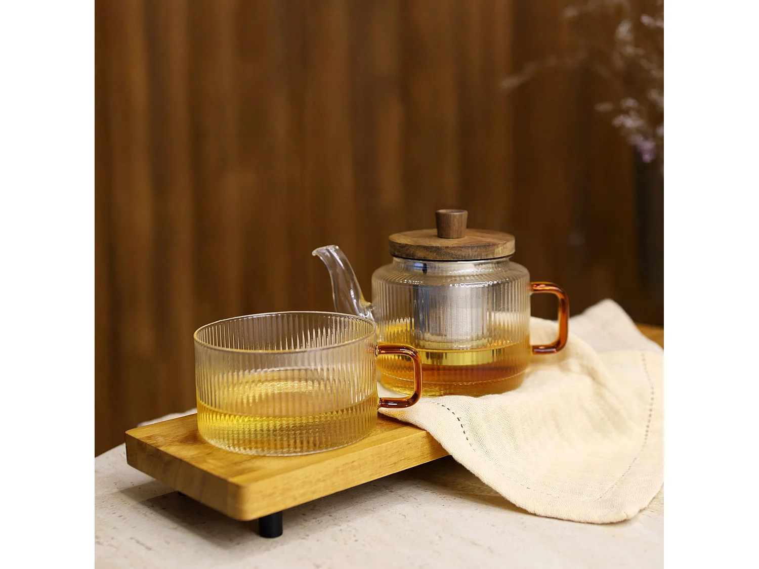 Ogo Living - Théière Karl 400ml Avec Tasse 25cl En Verre Borosilicate Anse Ambre