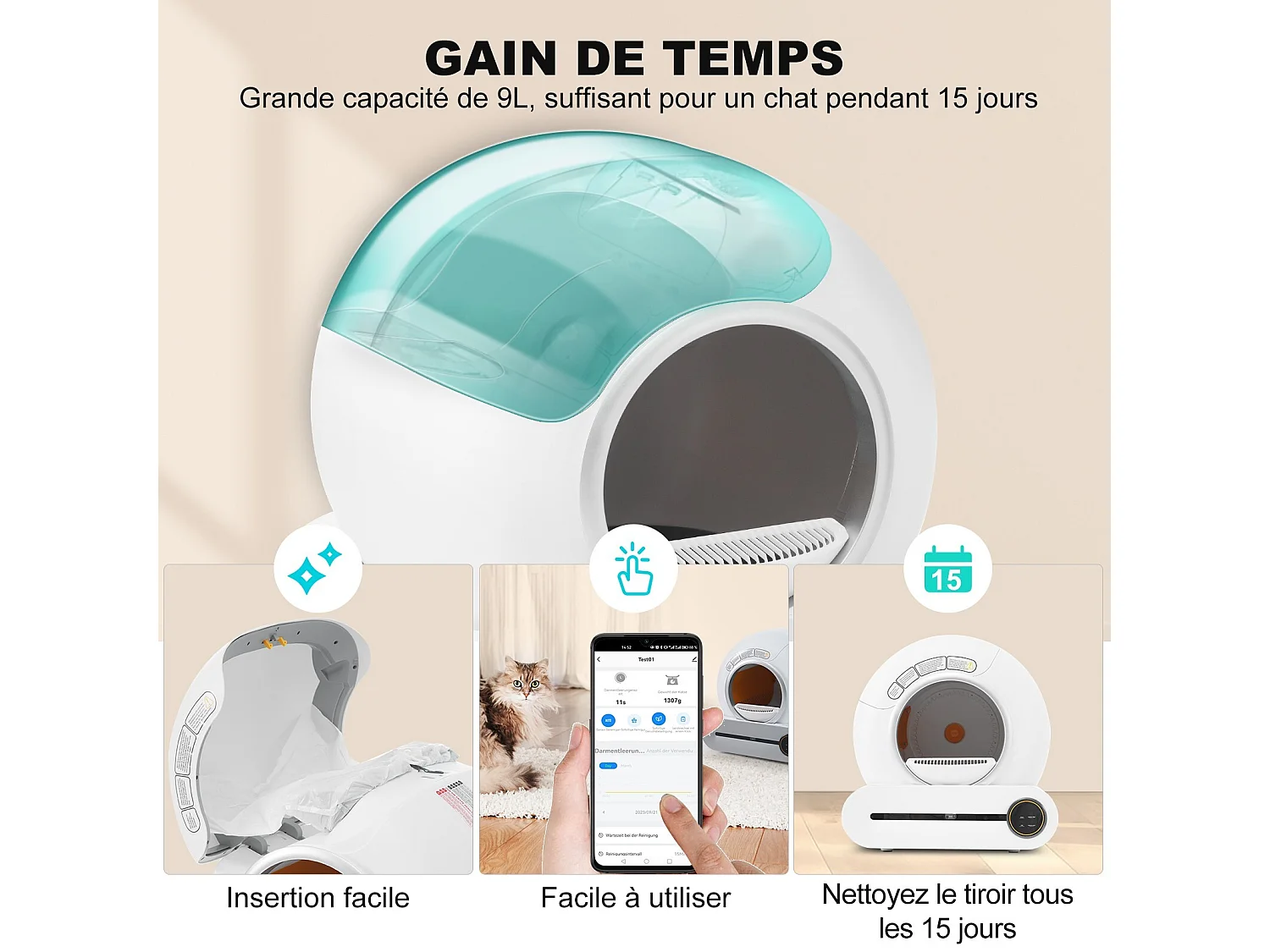 Maison de toilette pour chat, bac à litière, nettoient automatiquement, odeur éliminée, avec capteur infrarouge et APP, 48x52x50.5cm