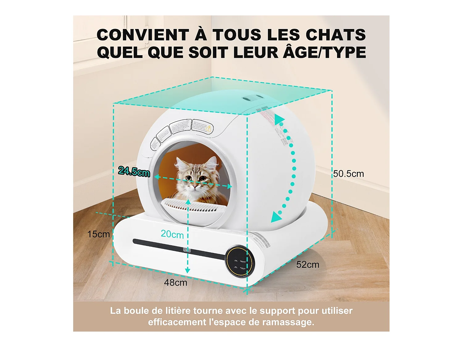 Maison de toilette pour chat, bac à litière, nettoient automatiquement, odeur éliminée, avec capteur infrarouge et APP, 48x52x50.5cm