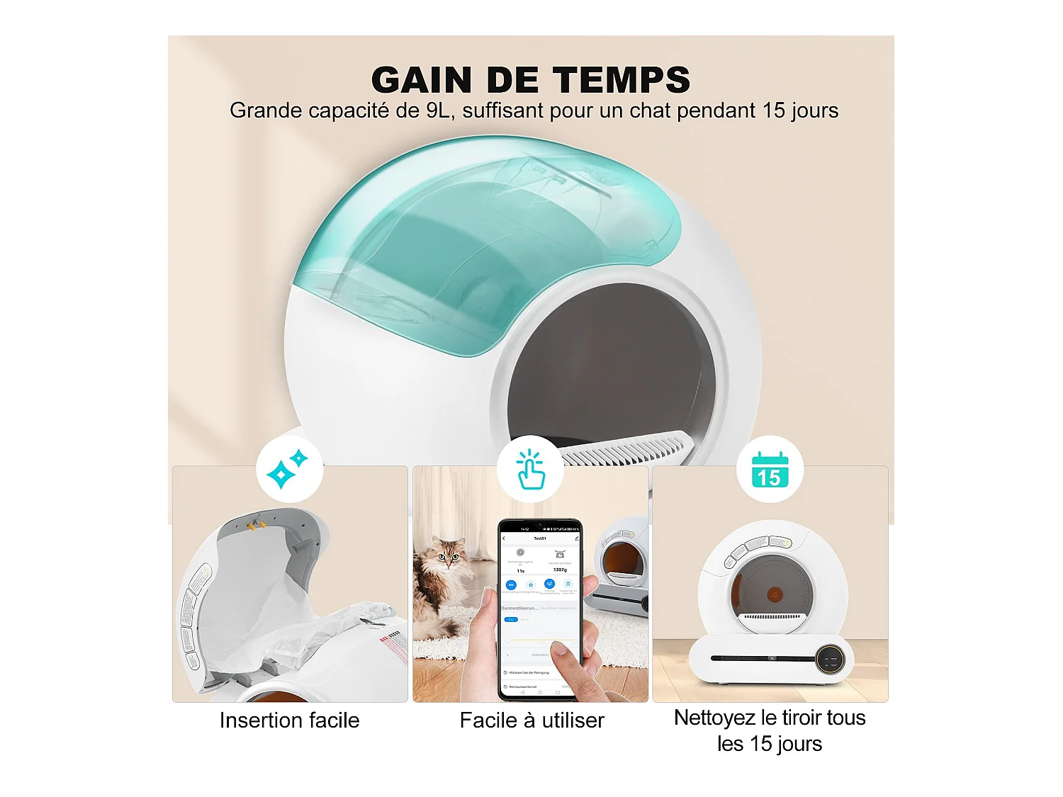Maison de toilette pour chat, bac à litière, nettoient automatiquement, odeur éliminée, avec capteur infrarouge et APP, 48x52x50.5cm