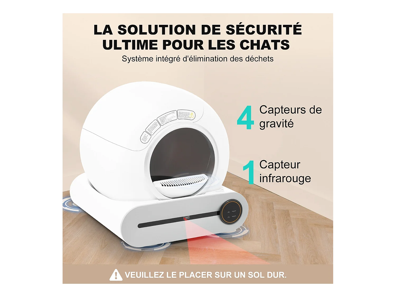 Maison de toilette pour chat, bac à litière, nettoient automatiquement, odeur éliminée, avec capteur infrarouge et APP, 48x52x50.5cm
