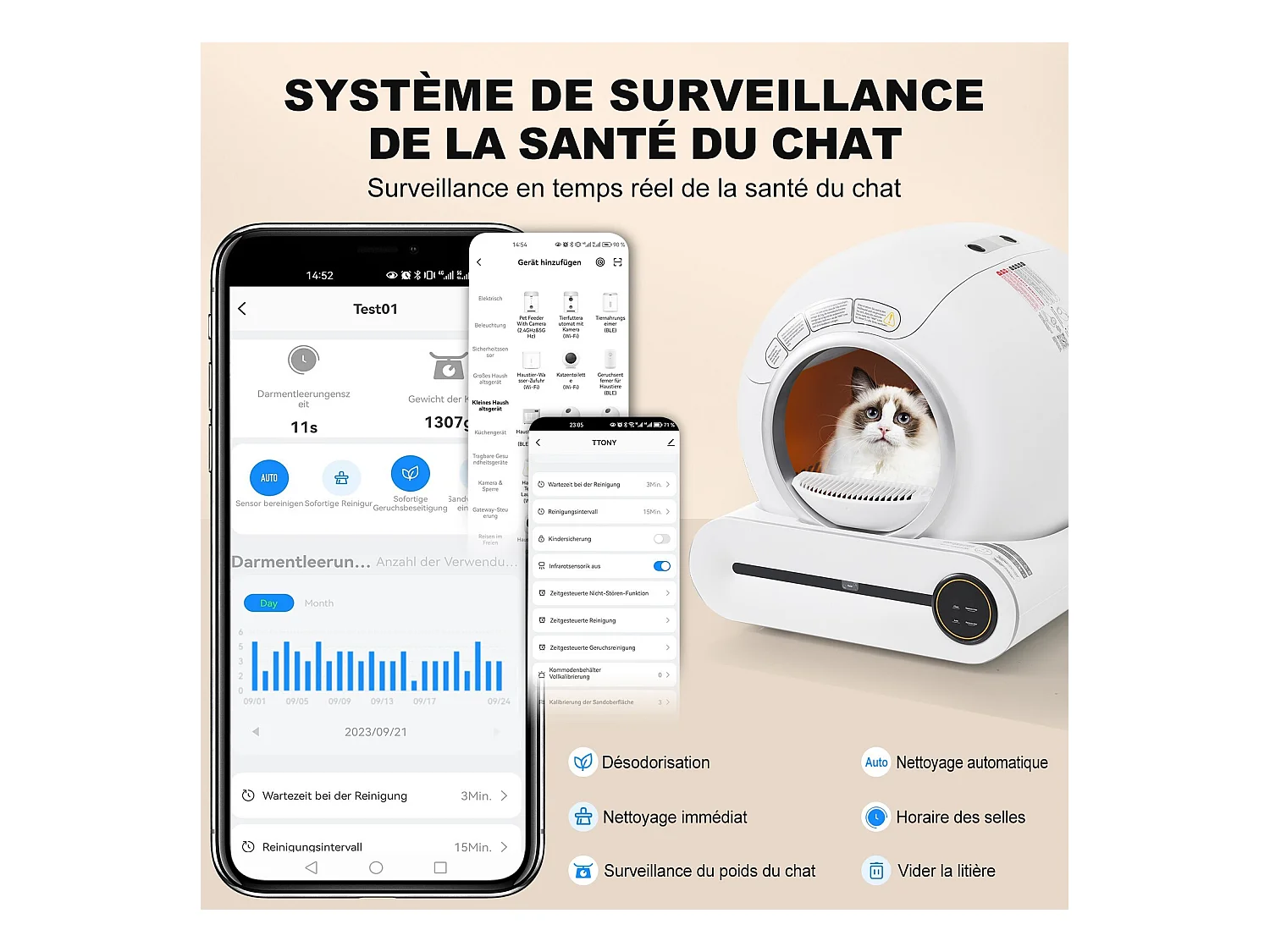 Maison de toilette pour chat, bac à litière, nettoient automatiquement, odeur éliminée, avec capteur infrarouge et APP, 48x52x50.5cm