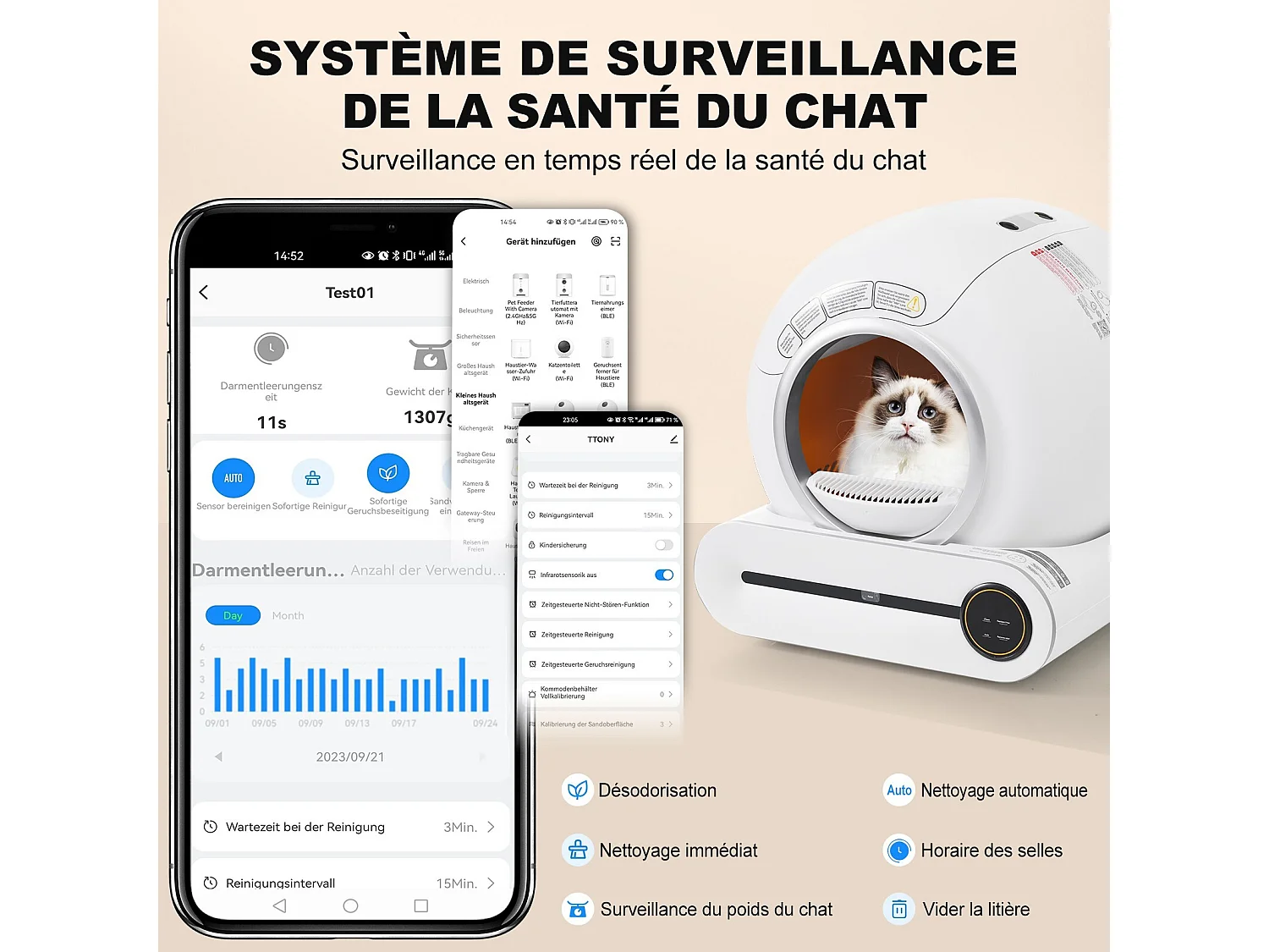 House de gato, bandeja de lixo, limpando automaticamente, eliminado odor, com sensor e aplicativo infravermelho, 48x52x50.5cm