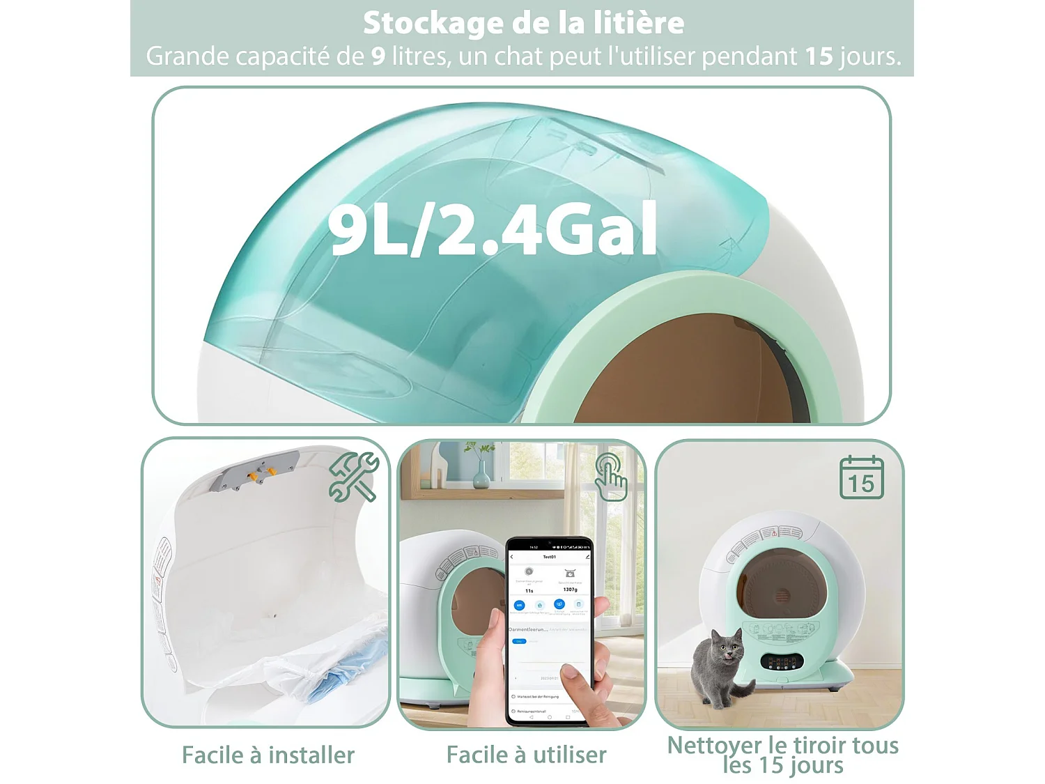 Slimme kattenbak, automatische kattenbakrobot, automatisch reinigend, geurverwijderend, met infraroodsensor en APP, 48x52x50,5cm