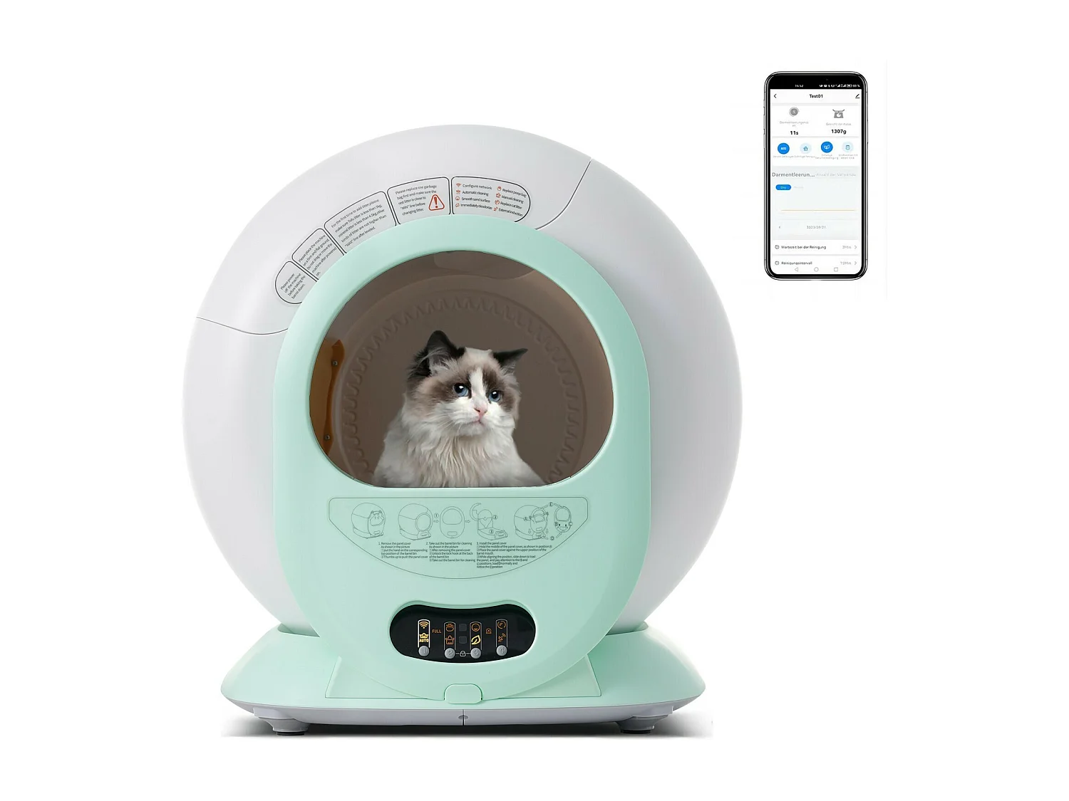 Toilette intelligente pour chat, Robot litière automatique pour chat, nettoient automatiquement, odeur éliminée, avec capteur infrarouge et APP, 48x52x50.5cm