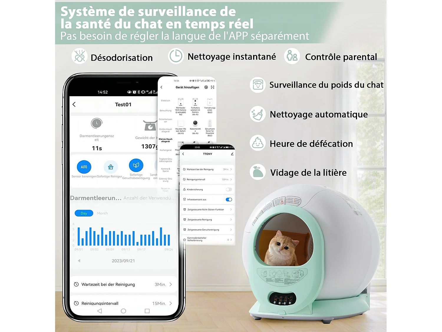 Toilette intelligente pour chat, Robot litière automatique pour chat, nettoient automatiquement, odeur éliminée, avec capteur infrarouge et APP, 48x52x50.5cm