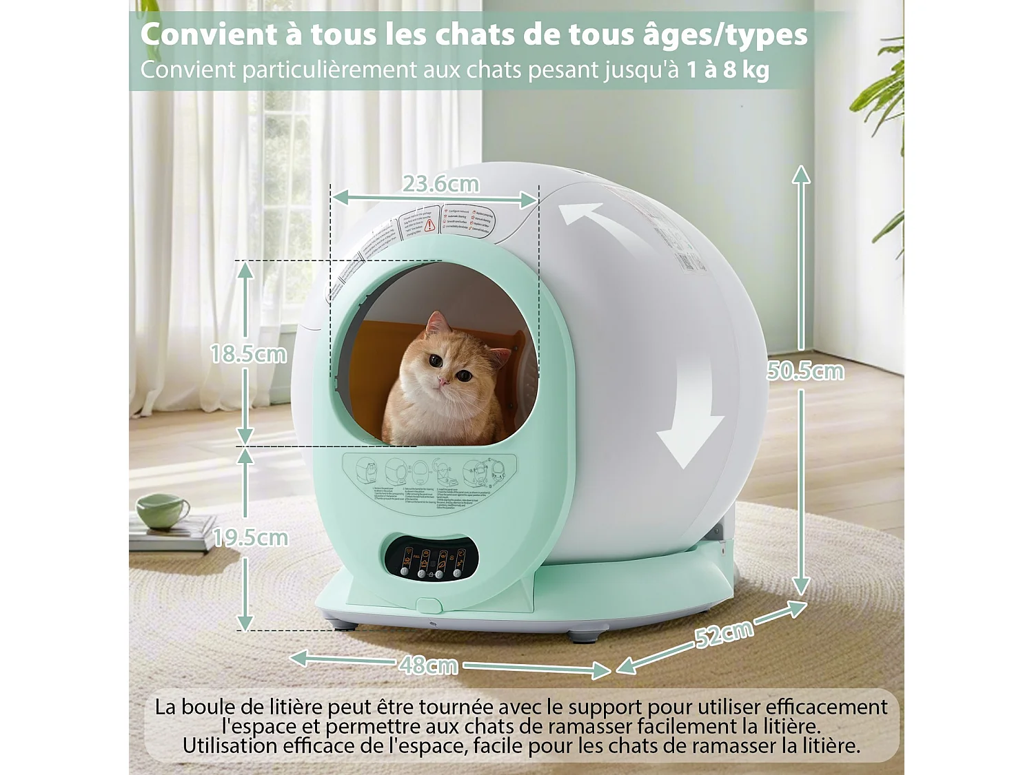 Toilette intelligente pour chat, Robot litière automatique pour chat, nettoient automatiquement, odeur éliminée, avec capteur infrarouge et APP, 48x52x50.5cm