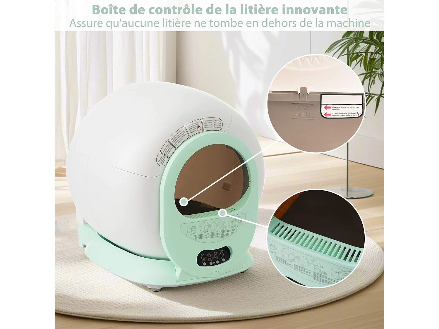 Toilette intelligente pour chat, Robot litière automatique pour chat, nettoient automatiquement, odeur éliminée, avec capteur infrarouge et APP, 48x52x50.5cm