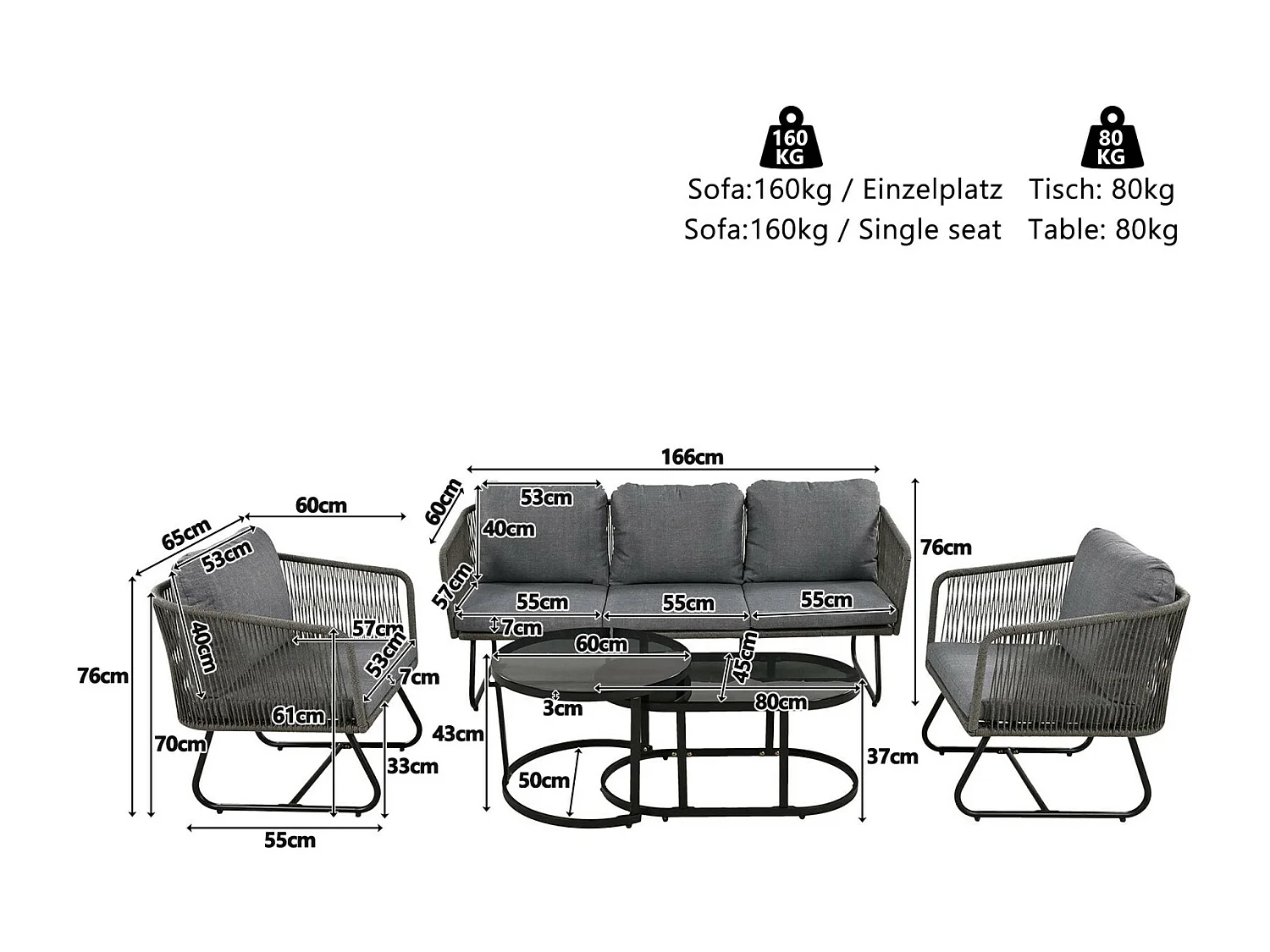 Salon de jardin 5 places en métal : un canapé 3 places + 2 fauteuils + tables gigognes en verre, pieds réglables, avec coussins