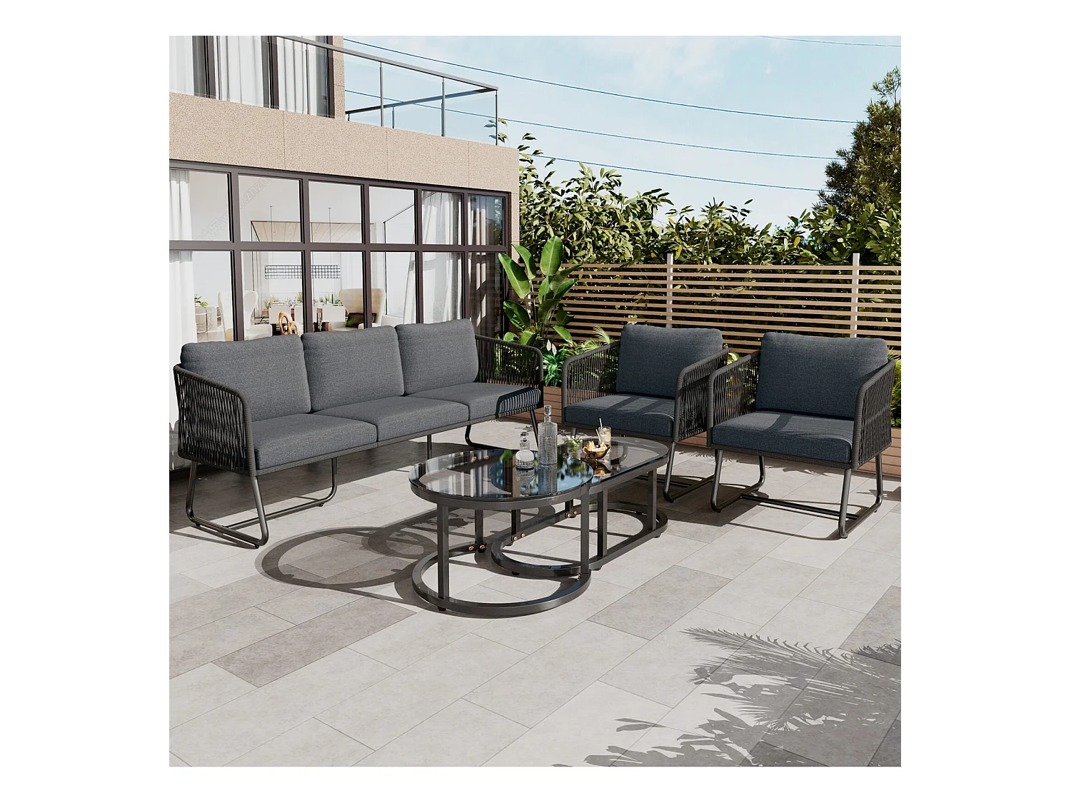 Salon de jardin 5 places en métal : un canapé 3 places + 2 fauteuils + tables gigognes en verre, pieds réglables, avec coussins