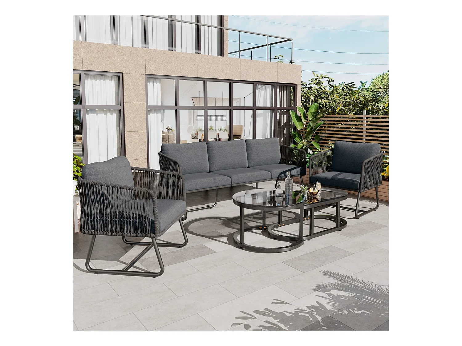 5-Sitzer-Gartenmöbelset aus Metall: ein 3-Sitzer-Sofa + 2 Sessel + Satztische aus Glas, verstellbare Beine, mit Kissen
