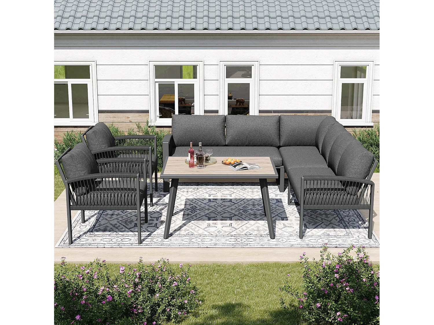 Salon de jardin en métal galvanisé 8 personnes, canapé 4 places + canapé 2 places + 2 fauteuils + table basse, coussins gris