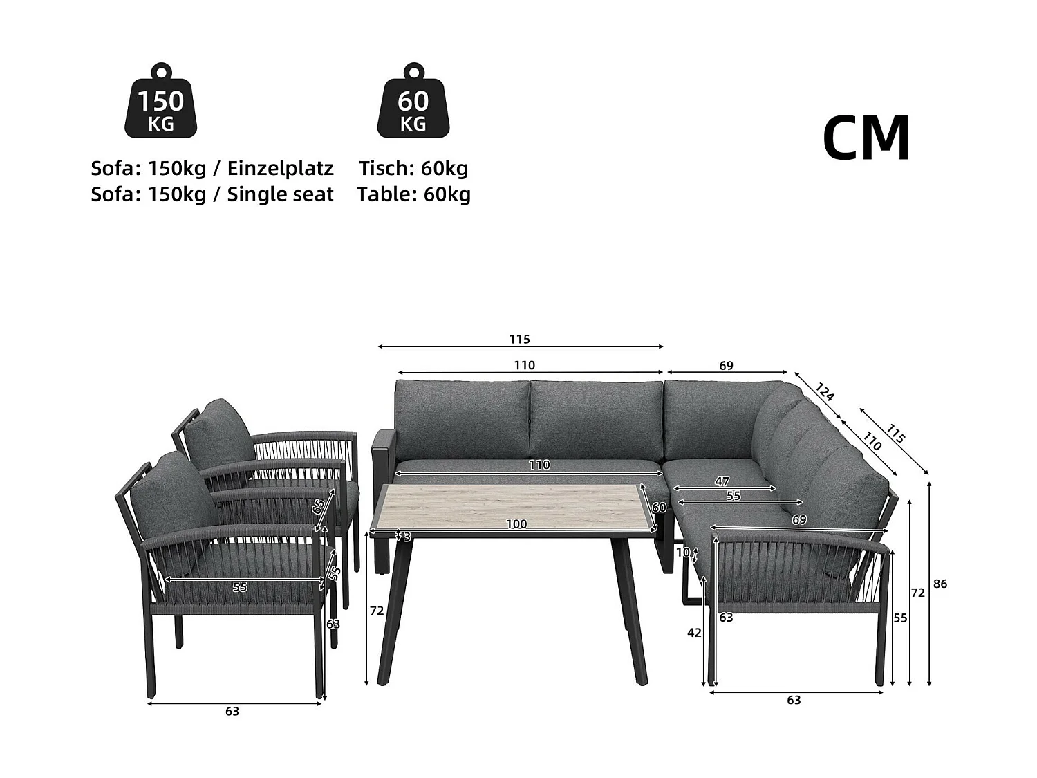 Salon de jardin en métal galvanisé 8 personnes, canapé 4 places + canapé 2 places + 2 fauteuils + table basse, coussins gris